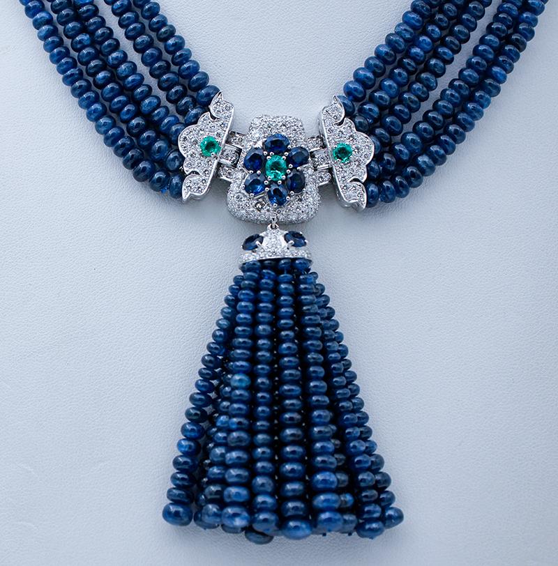 496.50 Ct Beaded Sapphires, Diamonds, Emeralds, Sapphires, 18kt White Gold Necklace