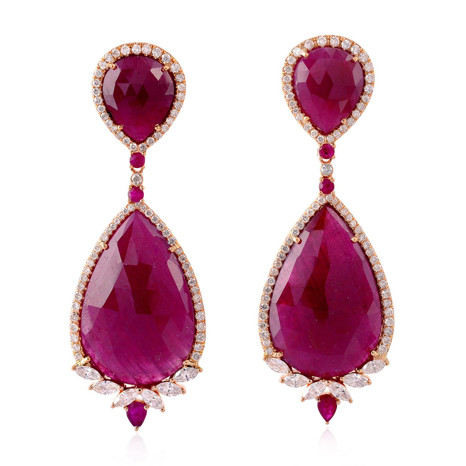 Pear Cut 49.67 Carat Ruby Diamond 18 Karat Gold Earrings For Sale