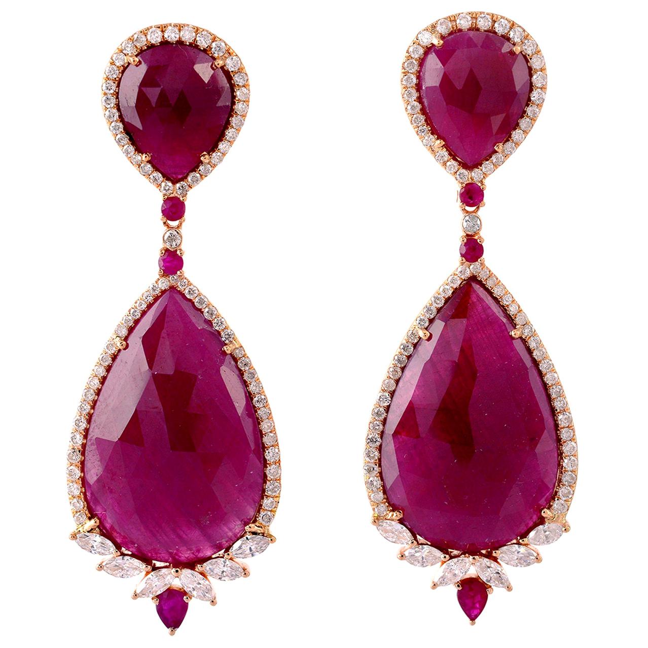 49.67 Carat Ruby Diamond 18 Karat Gold Earrings For Sale