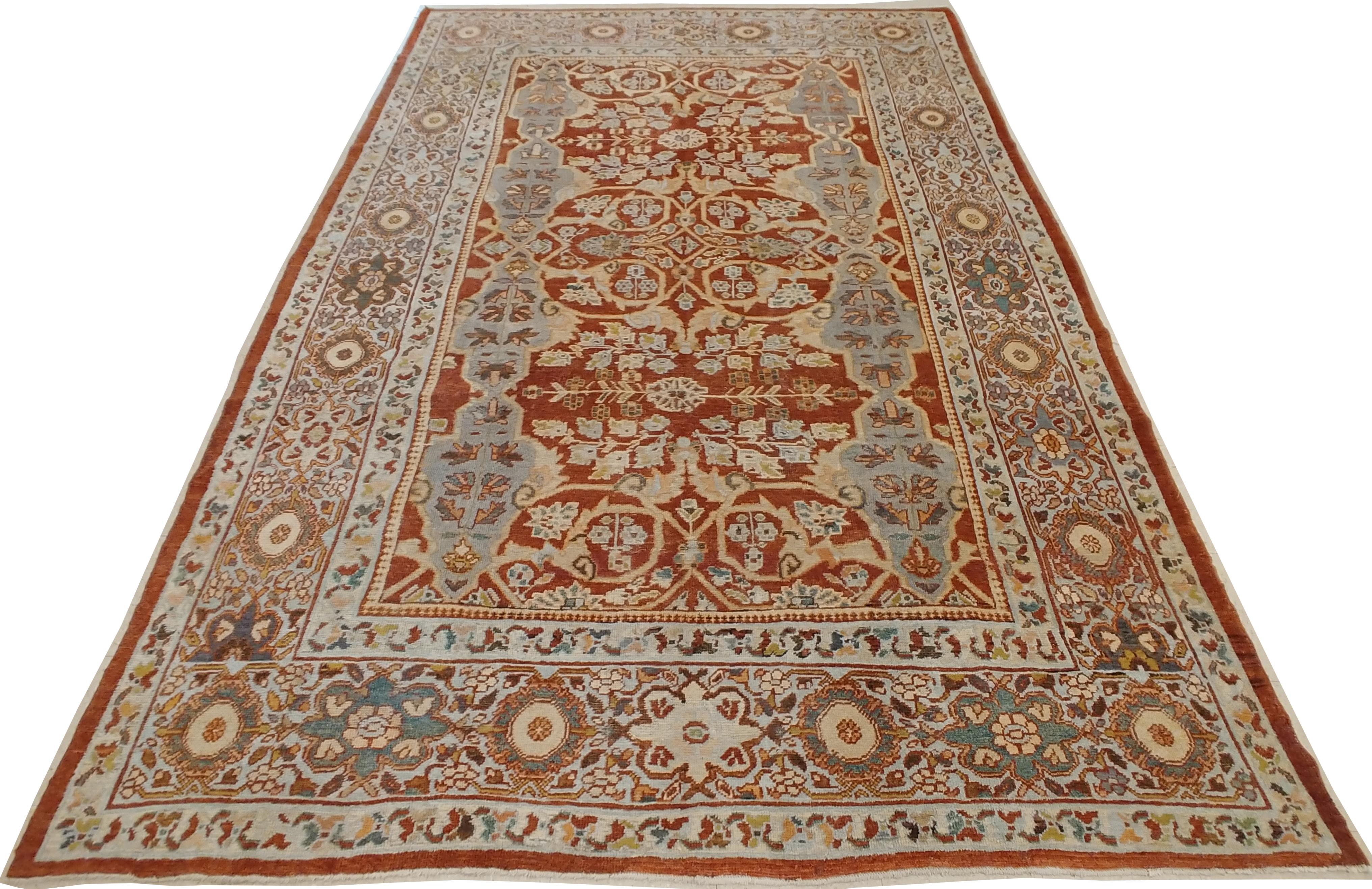 Wool Antique Mahal Rug, Handmade Oriental Rug, Light Green, Rust, All-Over Design For Sale