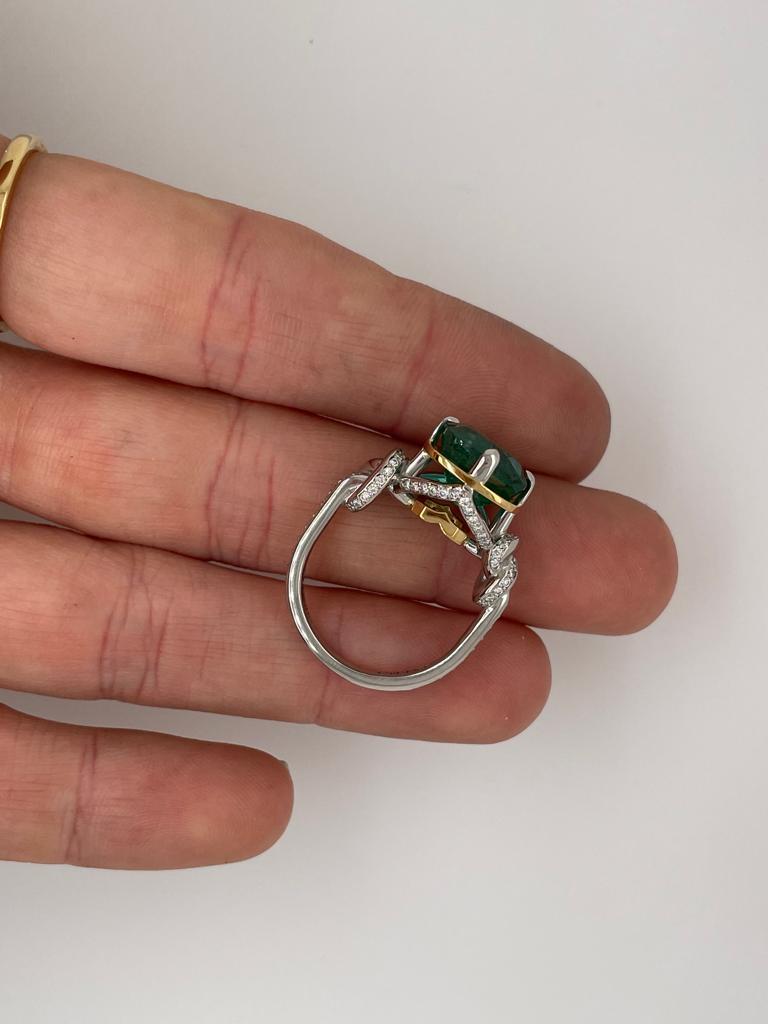 For Sale:  4.96ct Natural Cushion Cut Emerald and Diamond Ring in platinum and 22k gold 19