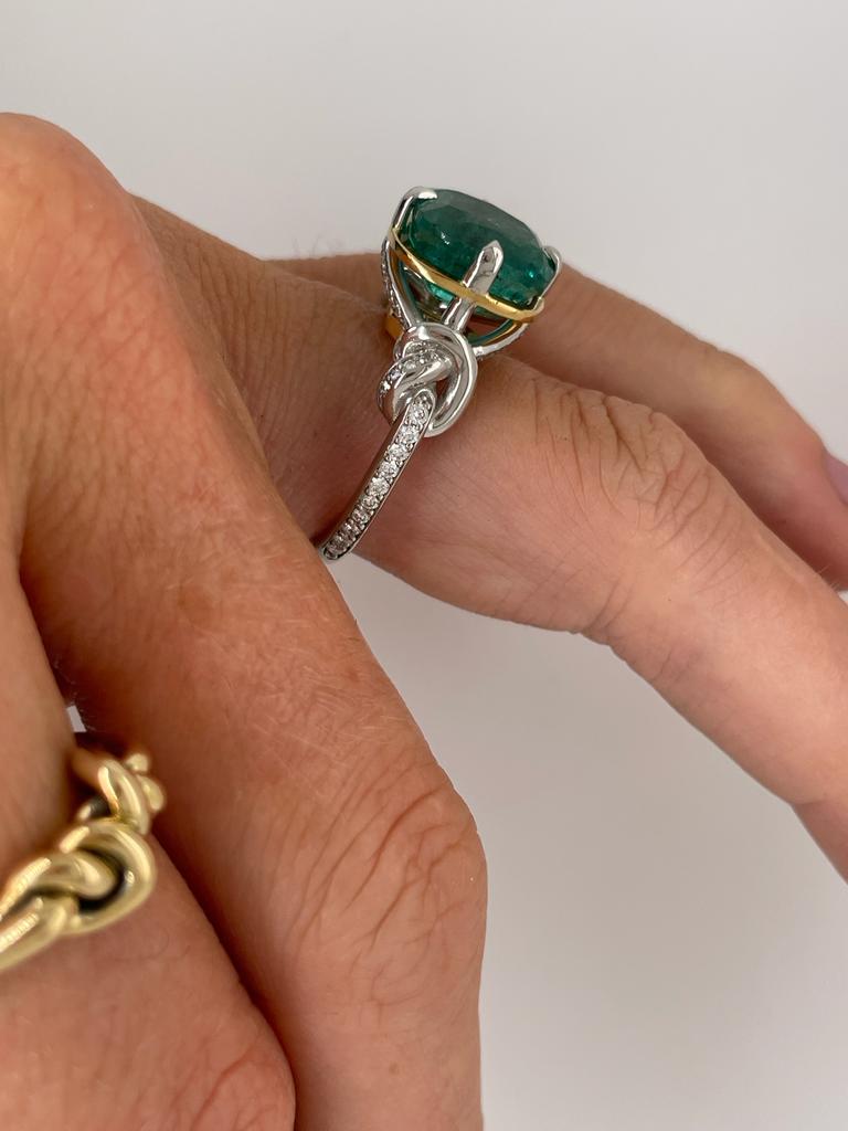 For Sale:  4.96ct Natural Cushion Cut Emerald and Diamond Ring in platinum and 22k gold 20