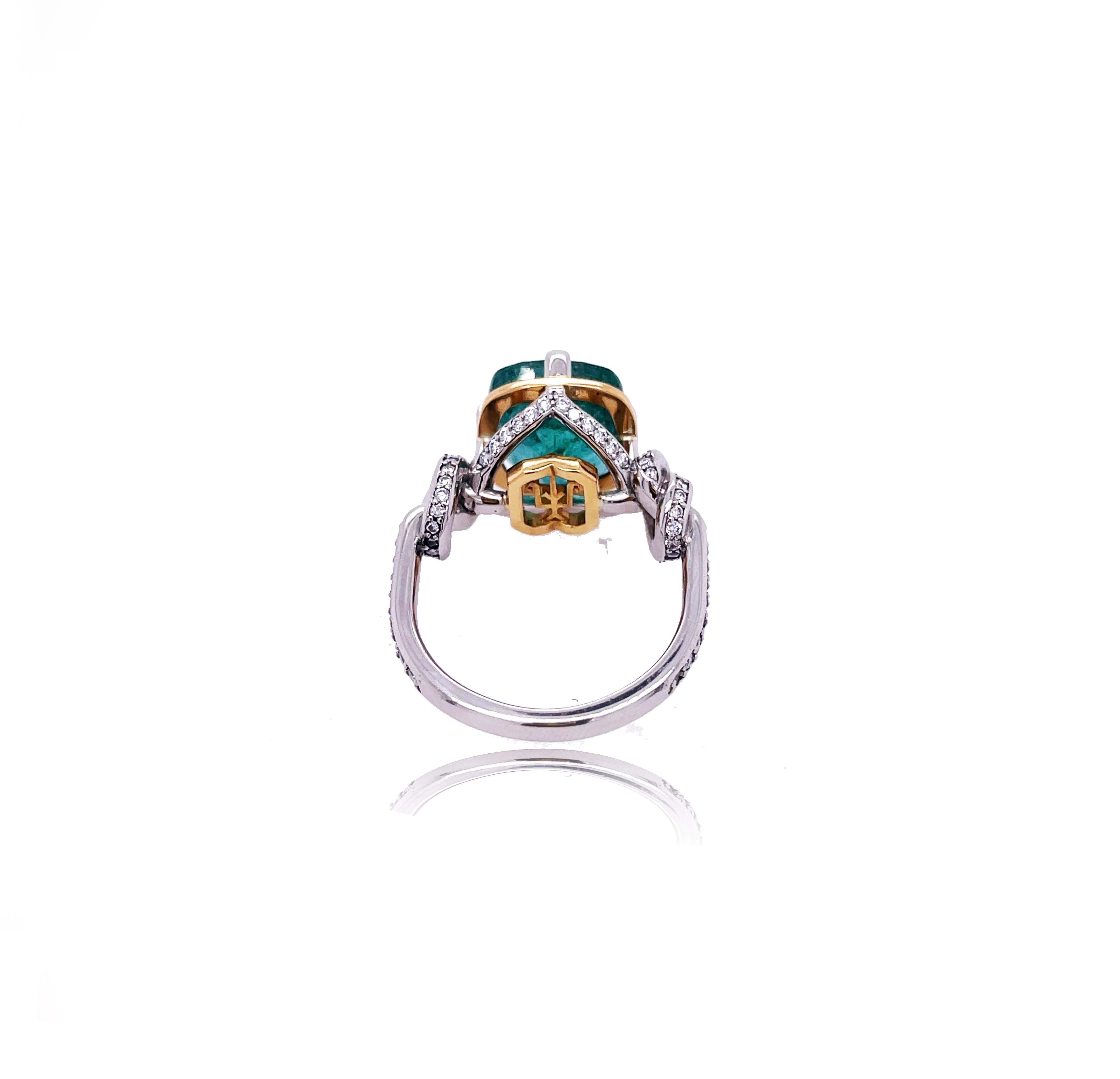 For Sale:  4.96ct Natural Cushion Cut Emerald and Diamond Ring in platinum and 22k gold 3