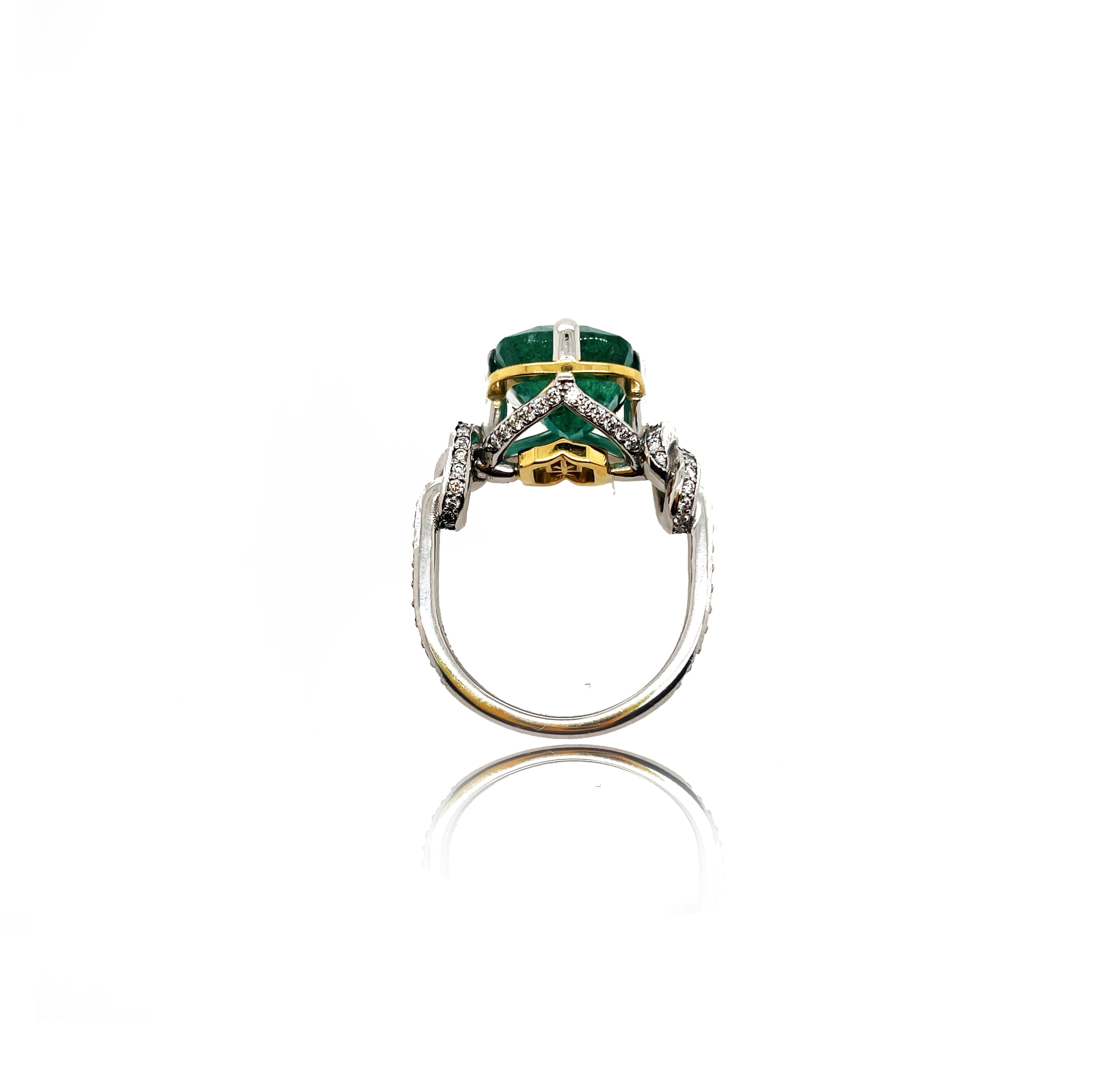 For Sale:  4.96ct Natural Cushion Cut Emerald and Diamond Ring in platinum and 22k gold 4