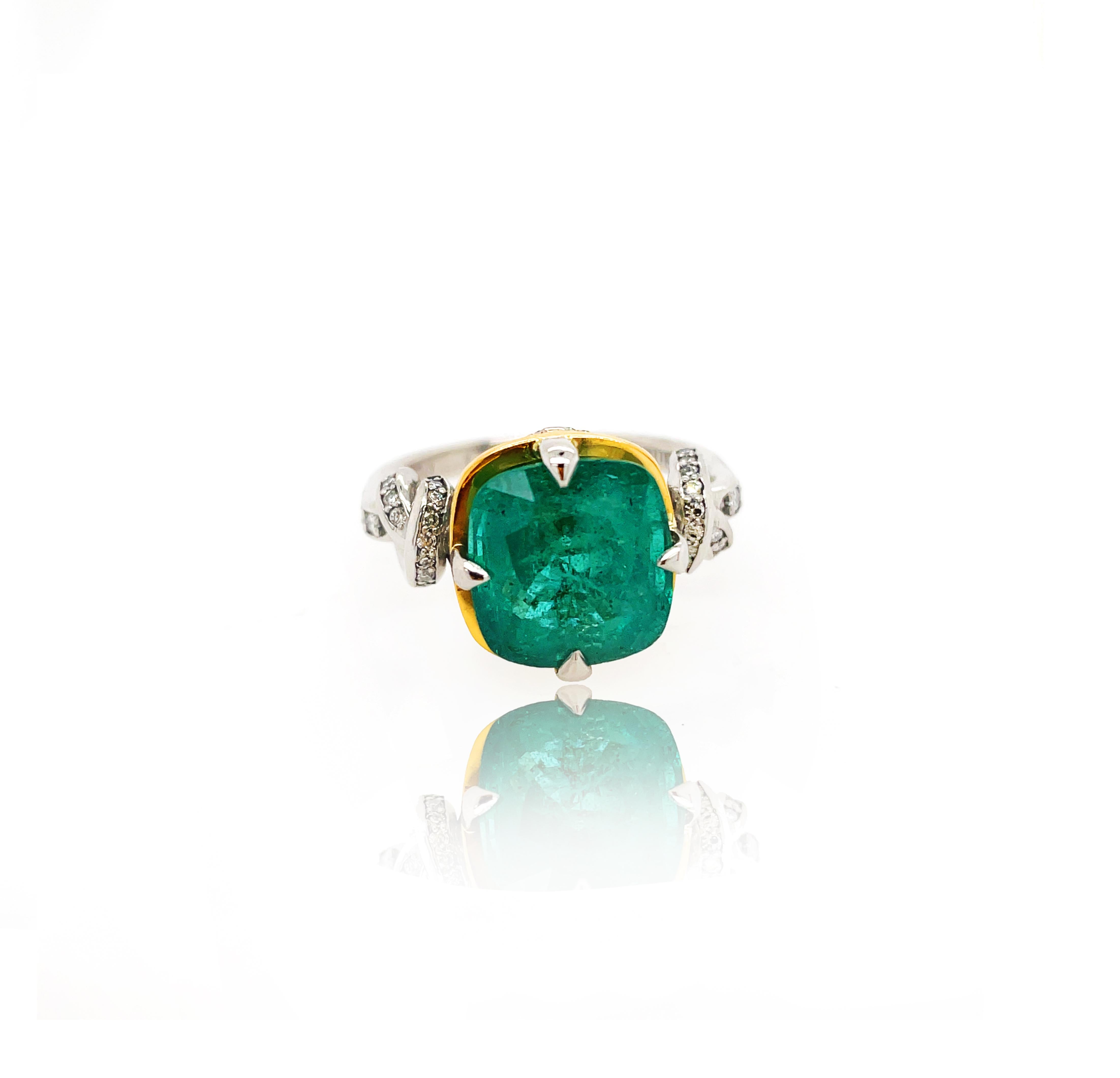 For Sale:  4.96ct Natural Cushion Cut Emerald and Diamond Ring in platinum and 22k gold 5