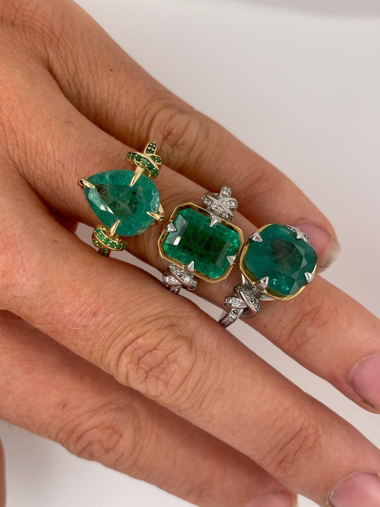 For Sale:  4.96ct Natural Cushion Cut Emerald and Diamond Ring in platinum and 22k gold 9