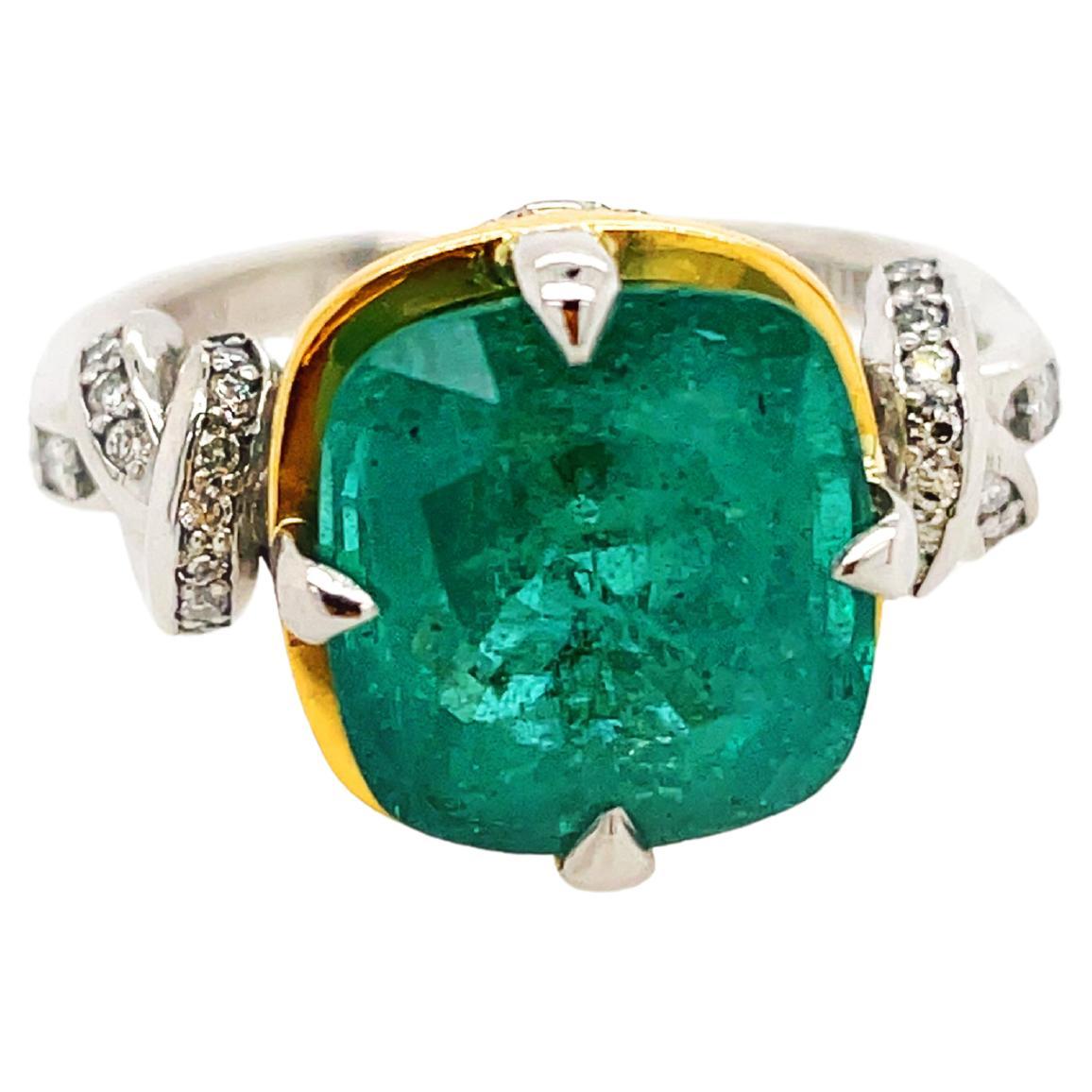 For Sale:  4.96ct Natural Cushion Cut Emerald and Diamond Ring in platinum and 22k gold