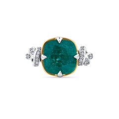 4.96ct Natural Cushion Cut Forget Me Knot ring in Emerald Platinum and 22k gold