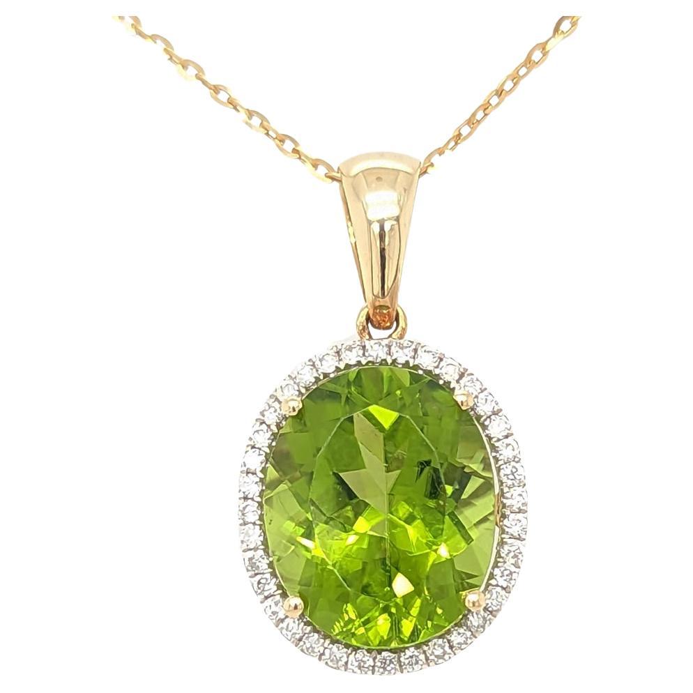 4.96 Carat Peridot and Diamond Halo Pendant in 18k Yellow Gold For Sale