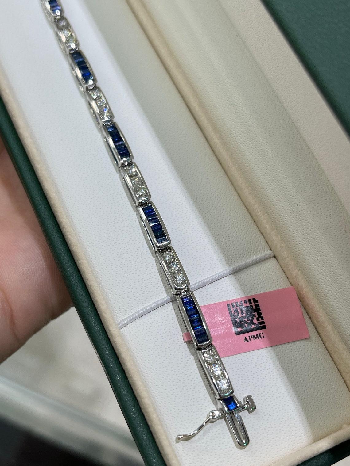 Modern 4.96tcw 14K White Gold Sapphire & Diamond Bracelet Unisex Dark Blue Sapphire For Sale