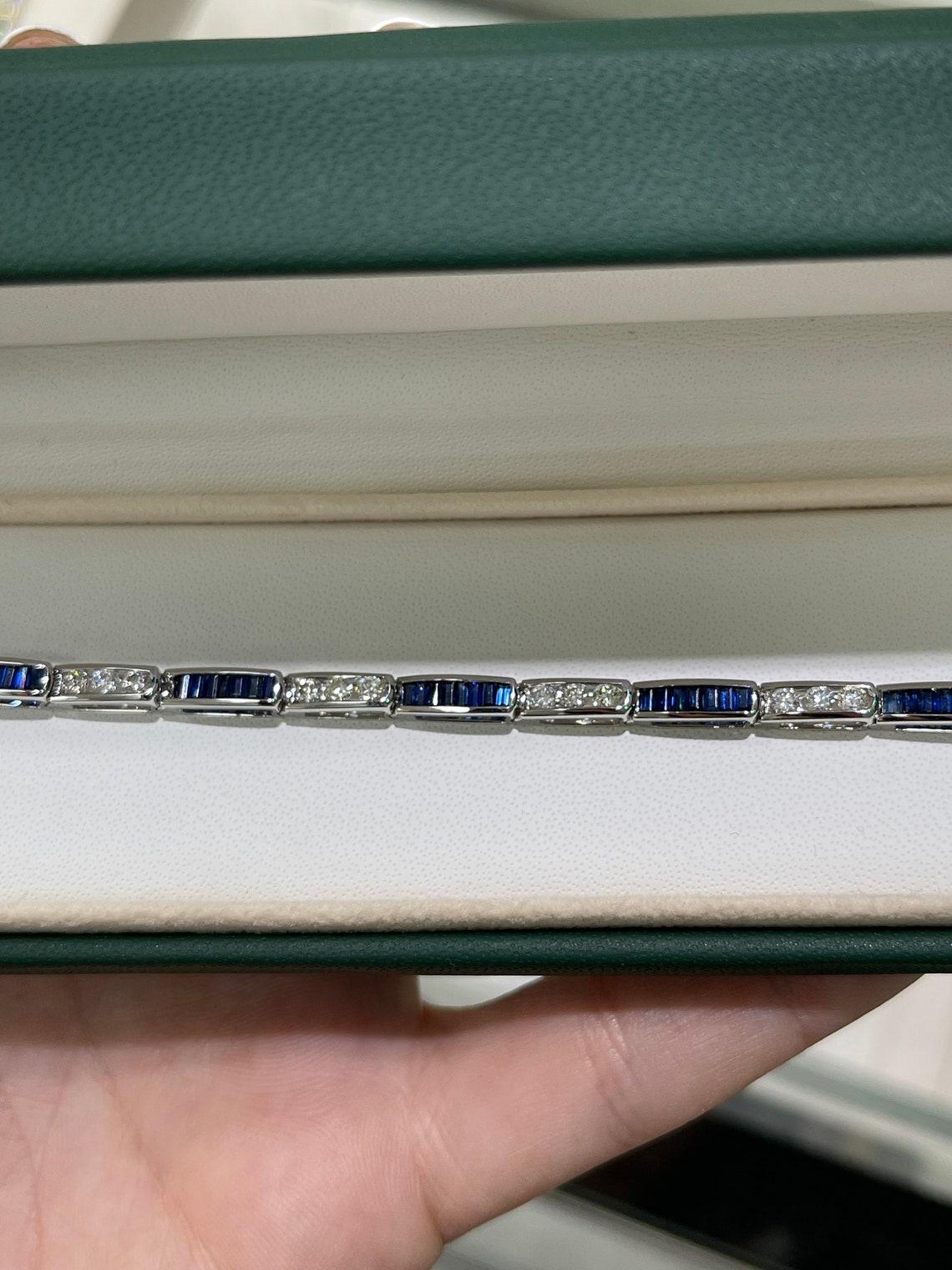 Baguette Cut 4.96tcw 14K White Gold Sapphire & Diamond Bracelet Unisex Dark Blue Sapphire For Sale