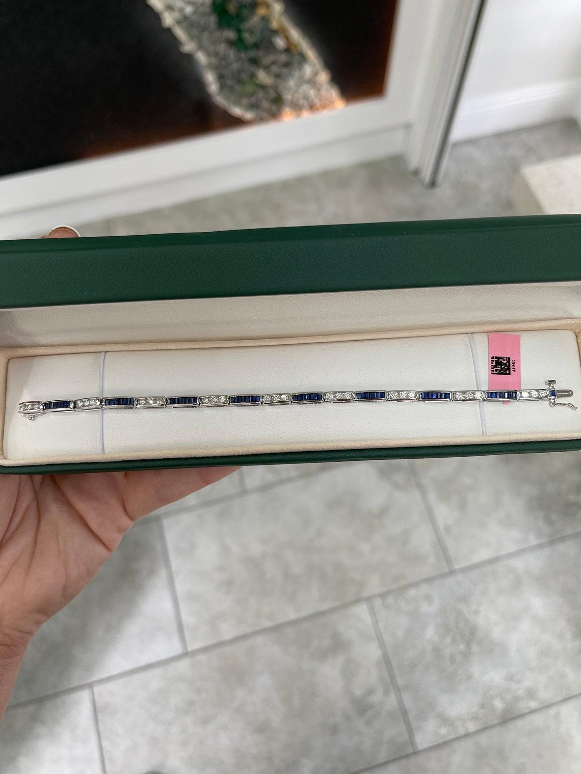 4.96tcw 14K White Gold Sapphire & Diamond Bracelet Unisex Dark Blue Sapphire In New Condition For Sale In Jupiter, FL