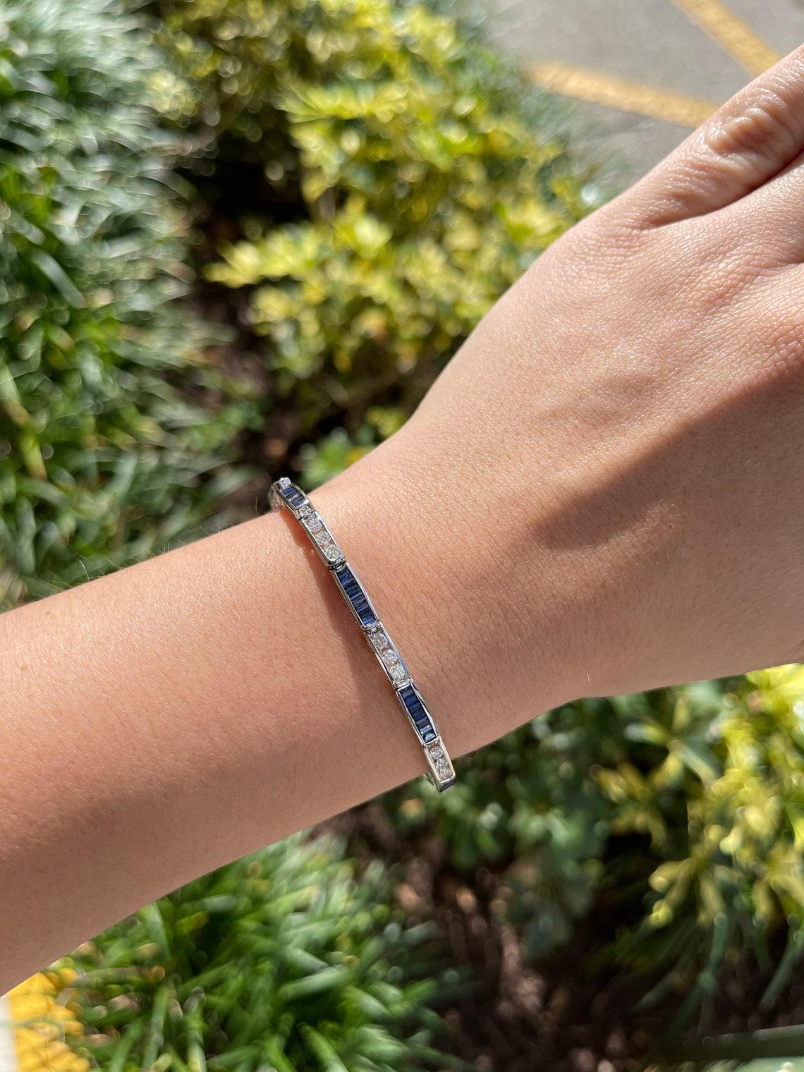 4.96tcw 14K White Gold Sapphire & Diamond Bracelet Unisex Dark Blue Sapphire For Sale 1