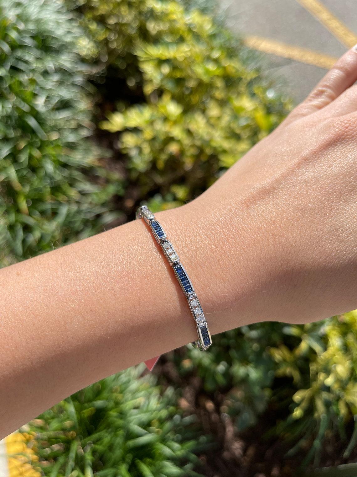 4.96tcw 14K White Gold Sapphire & Diamond Bracelet Unisex Dark Blue Sapphire For Sale 2
