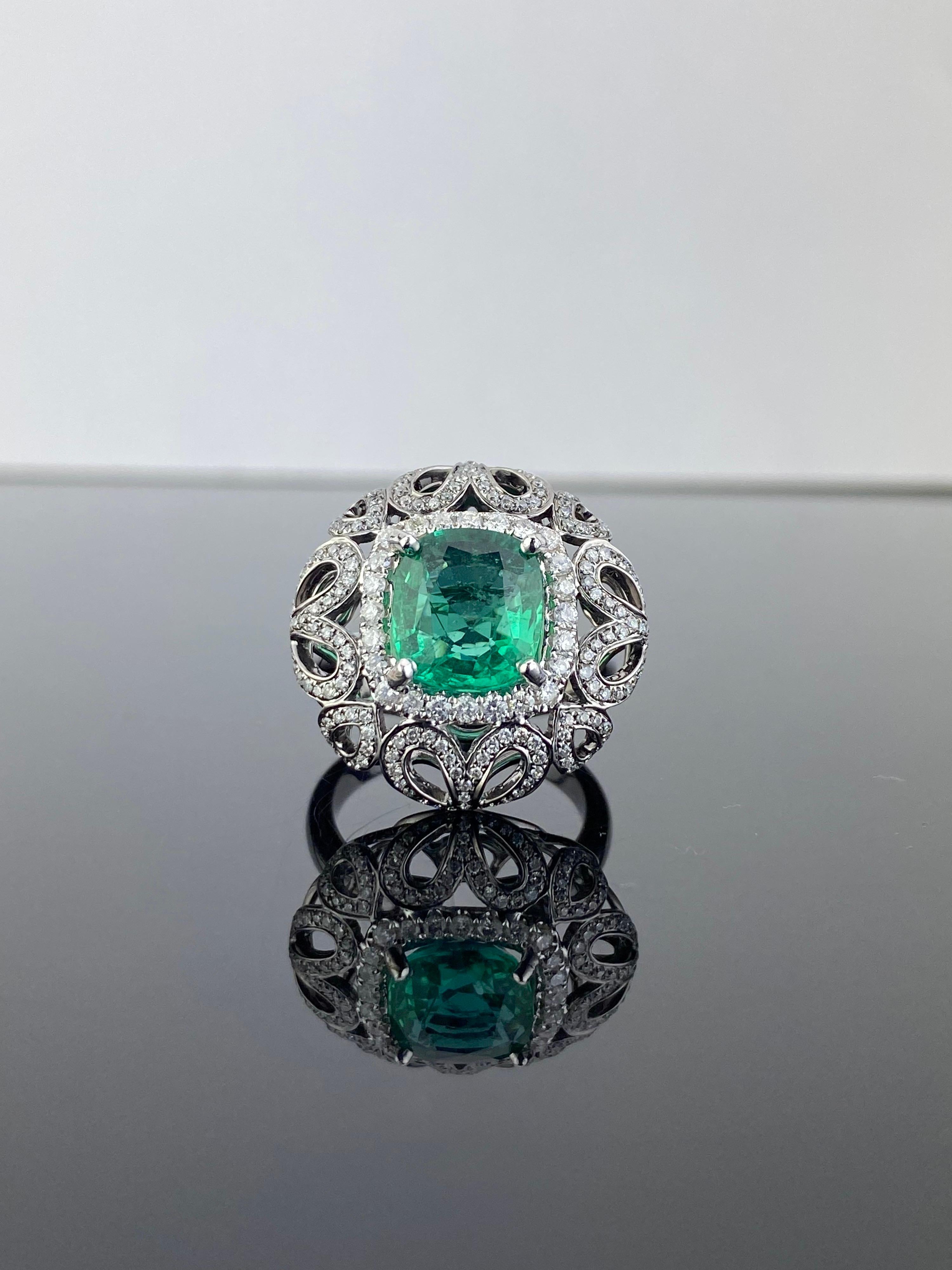 Art Deco 4.97 Carat Cushion Cut Zambian Emerald and Diamond Cocktail Ring For Sale