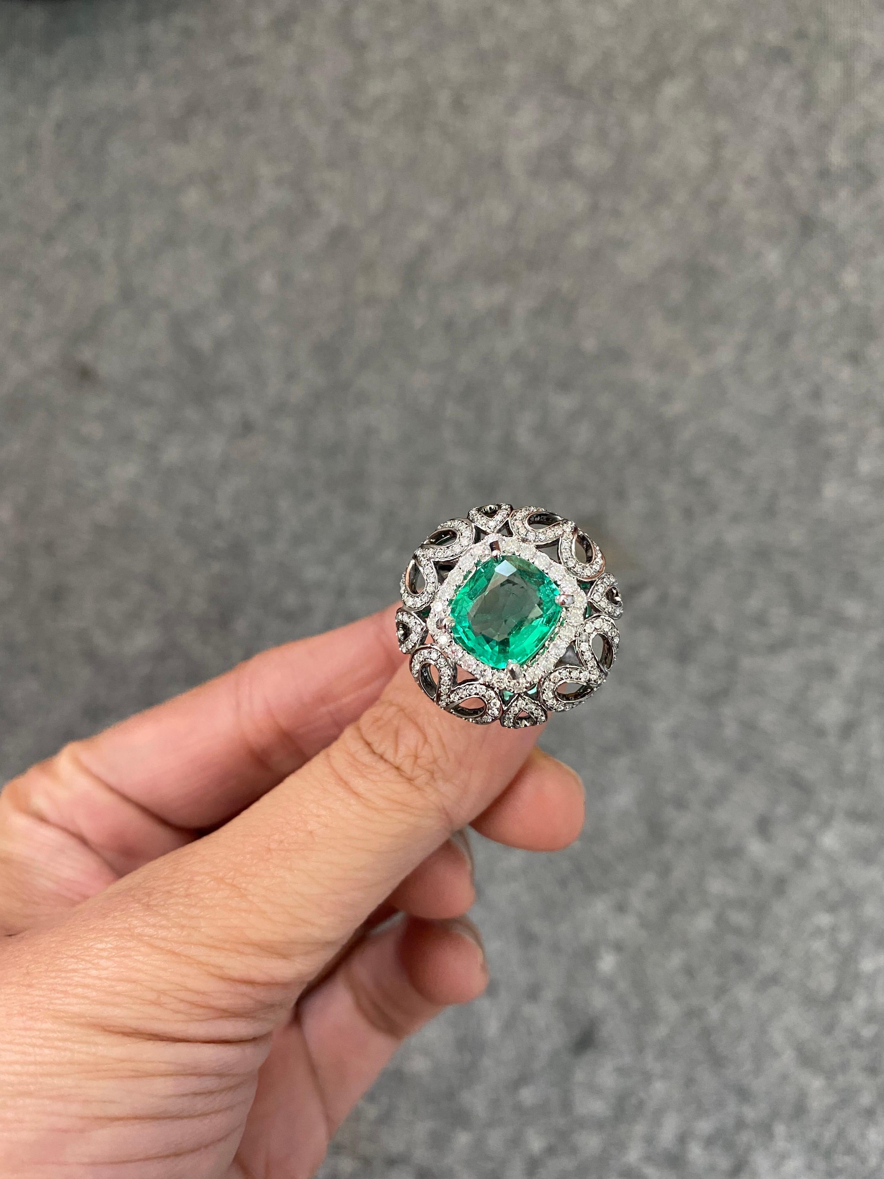 4.97 Carat Cushion Cut Zambian Emerald and Diamond Cocktail Ring For Sale 1