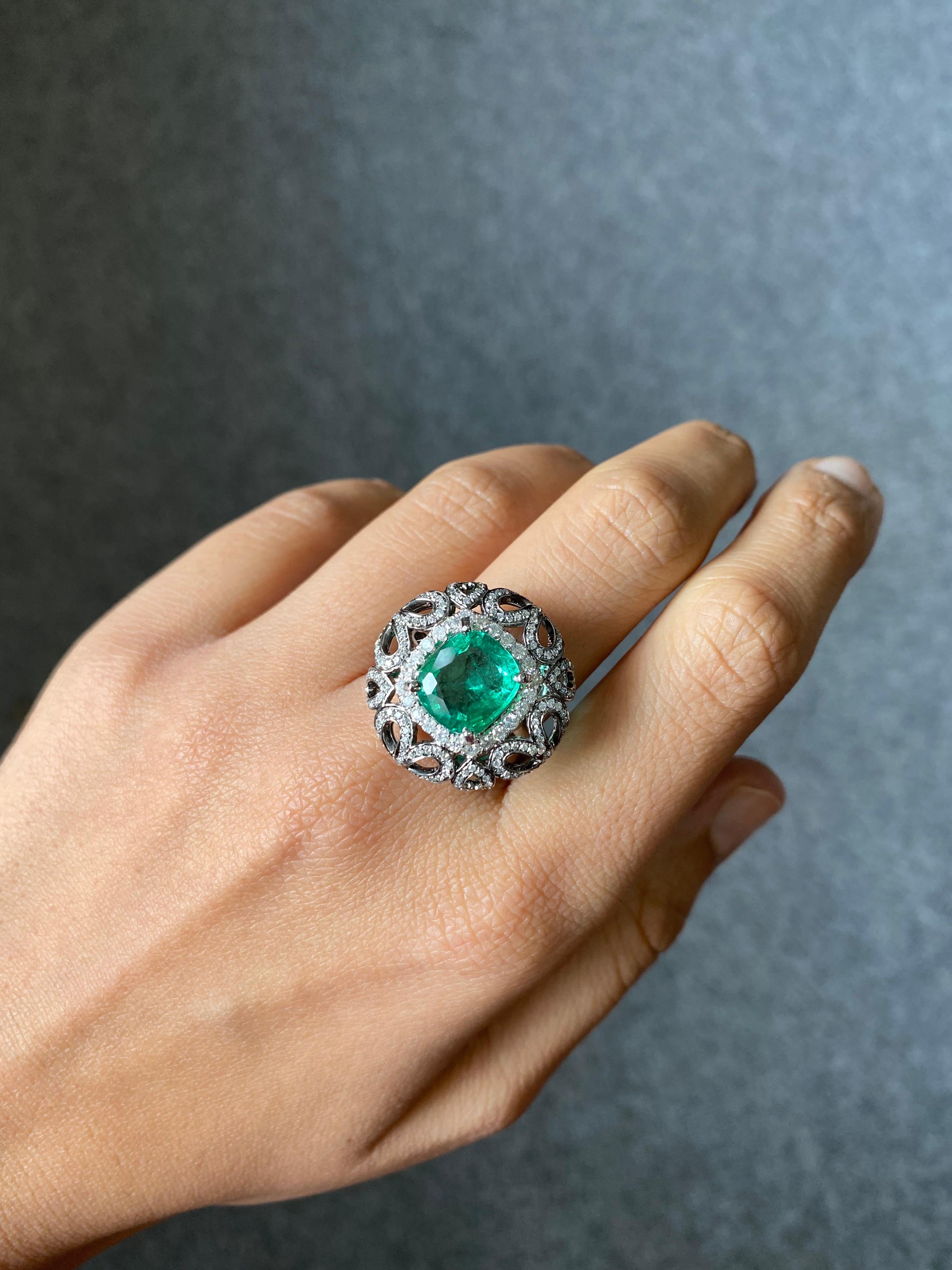 4.97 Carat Cushion Cut Zambian Emerald and Diamond Cocktail Ring For Sale 3
