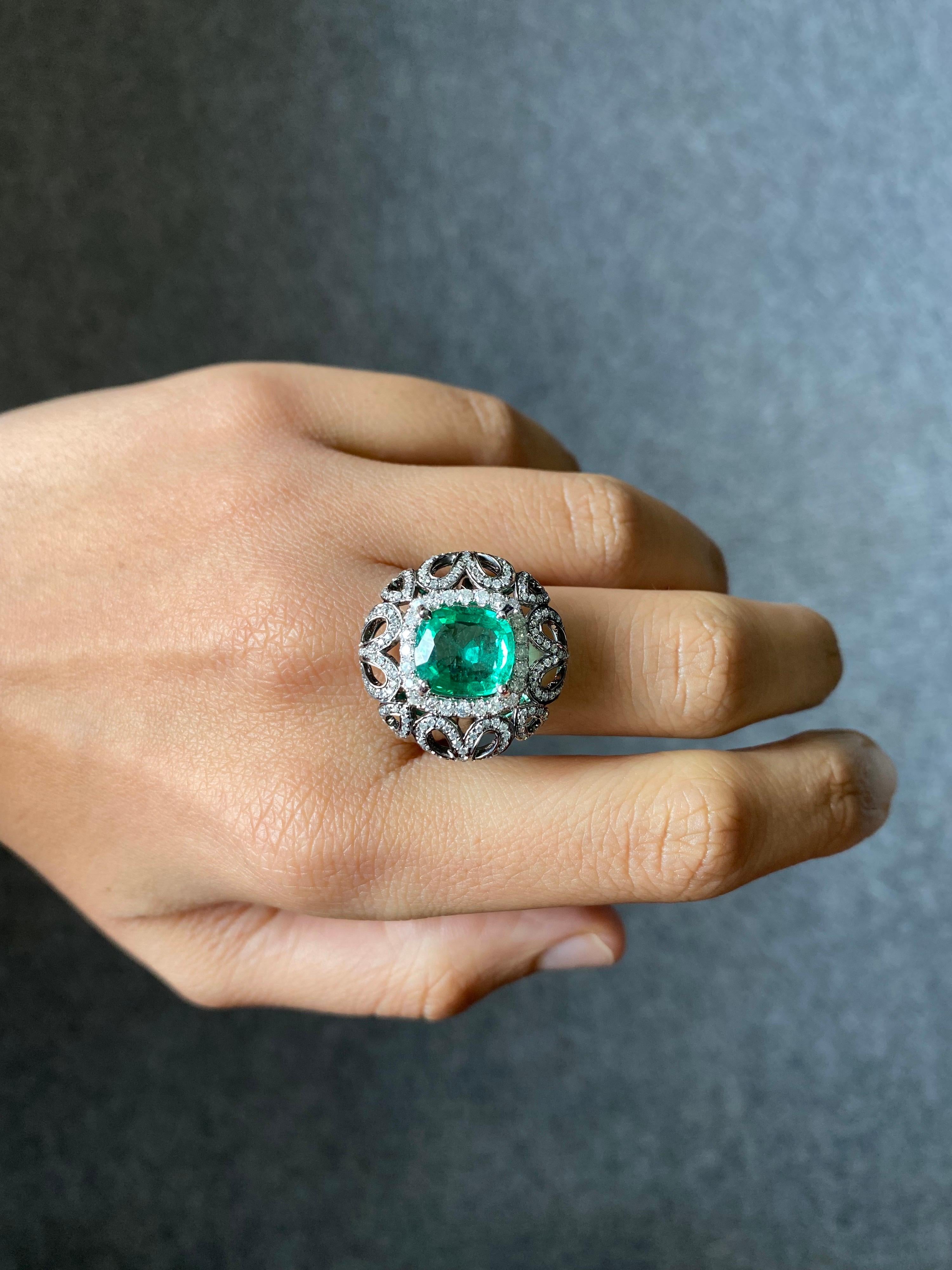 4.97 Carat Cushion Cut Zambian Emerald and Diamond Cocktail Ring For Sale 4