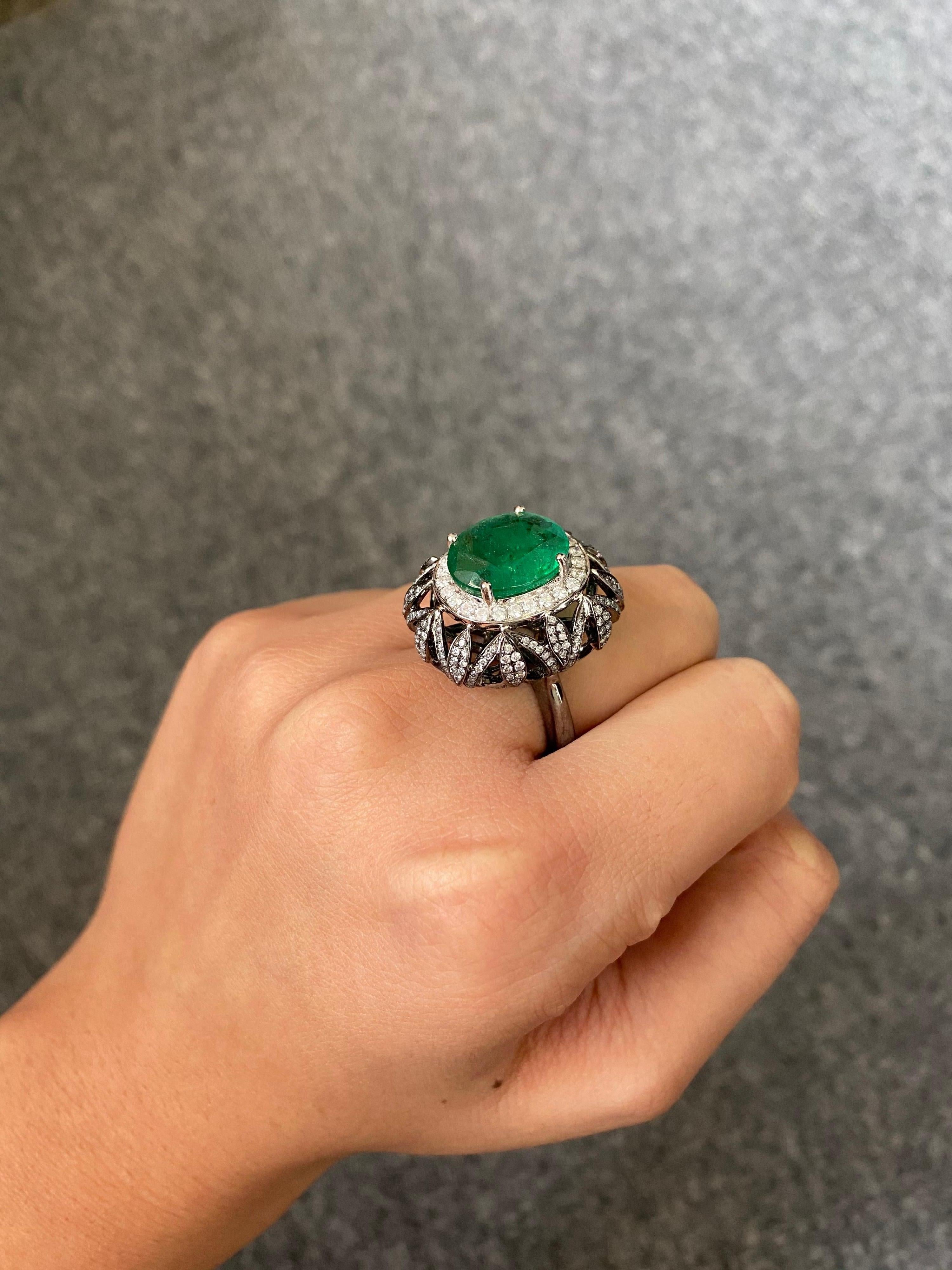 Oval Cut 4.97 Carat Emerald and Diamond Dome Cocktail Ring For Sale