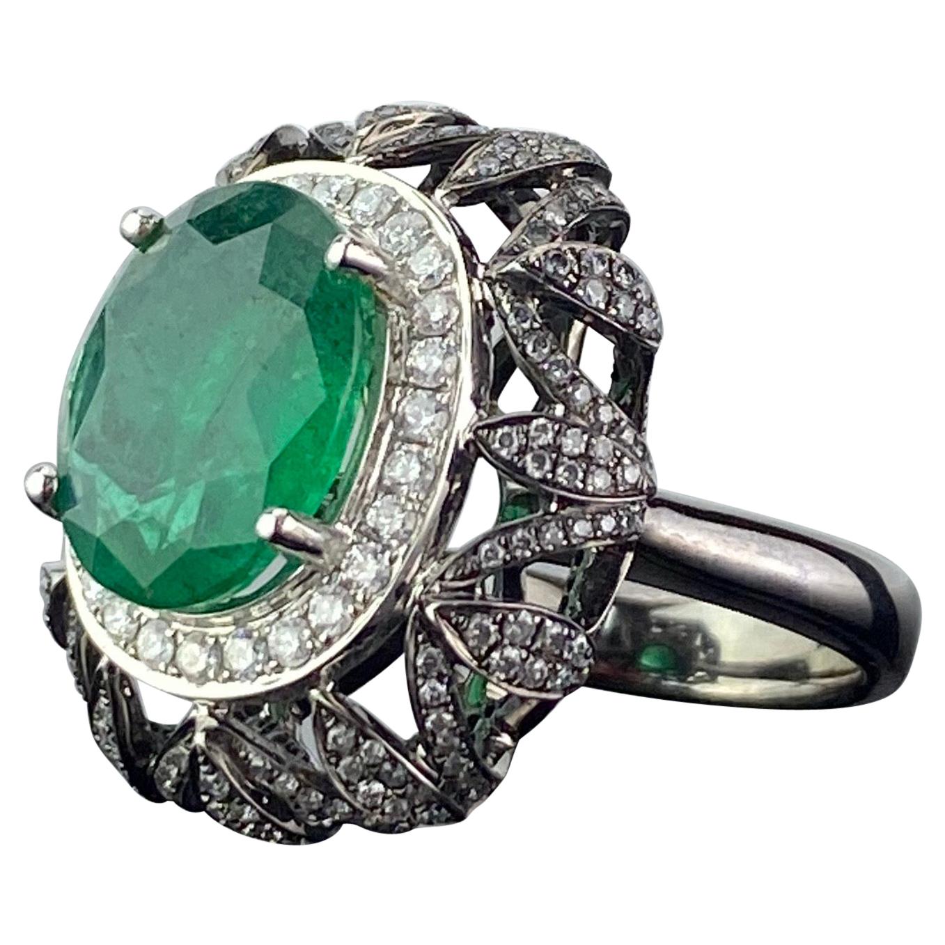 4.97 Carat Emerald and Diamond Dome Cocktail Ring For Sale