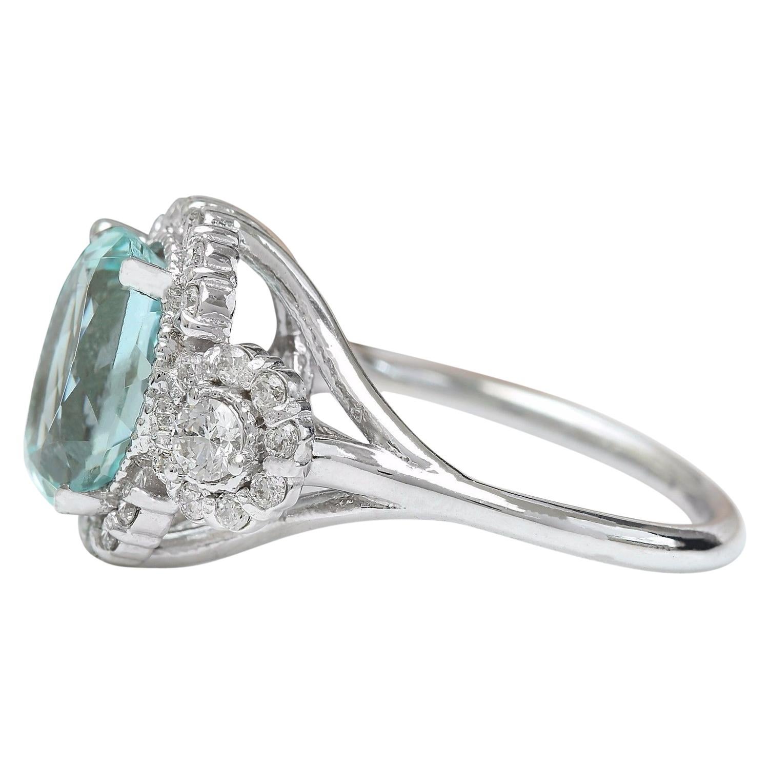 Oval Cut Natural Aquamarine Diamond Ring In 14 Karat Solid White Gold For Sale