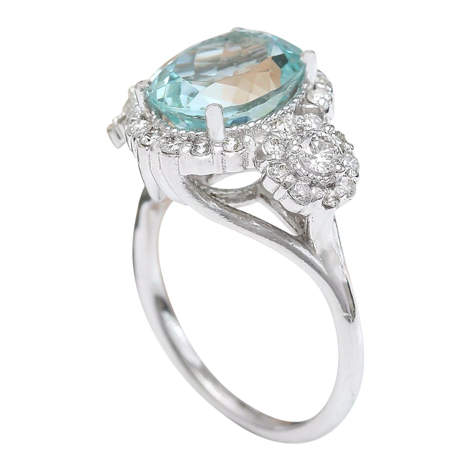 Women's Natural Aquamarine Diamond Ring In 14 Karat Solid White Gold For Sale