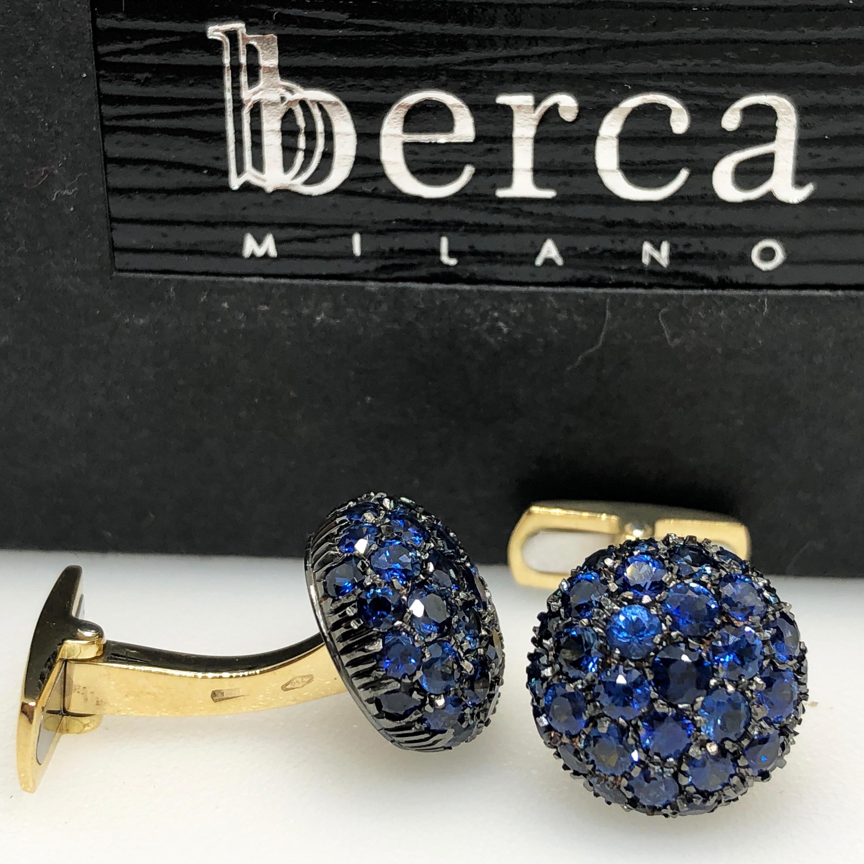 Berca T-Bar Back-Manschettenknöpfe, 4,97 Karat natürlicher blauer Saphir Schwarz Gelbgold 5