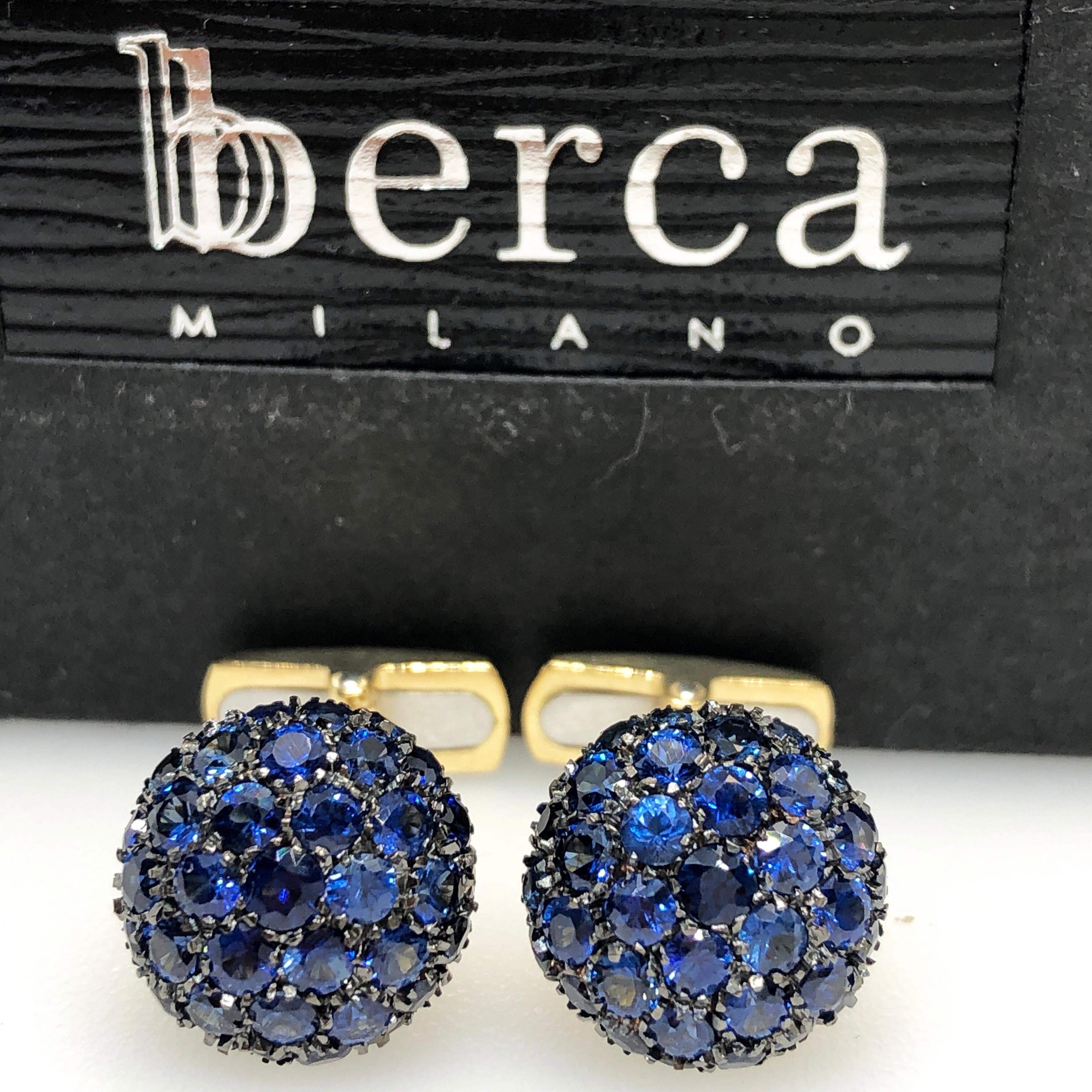 Absolutely Chic, Smart yet Timeless 4.97 Carat Natural Round Blue Sapphire in a 0.36 OzT 18Kt Oxidized Black and Yellow Gold Setting, easy to wear T-Bar Back.
In our fitted black box and pouch.
