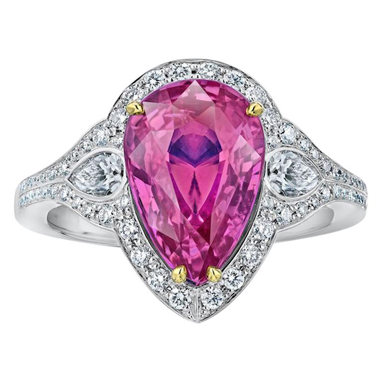 4.97 Carat Pear Shape Pink Sapphire and Diamond Platinum and 18k Ring