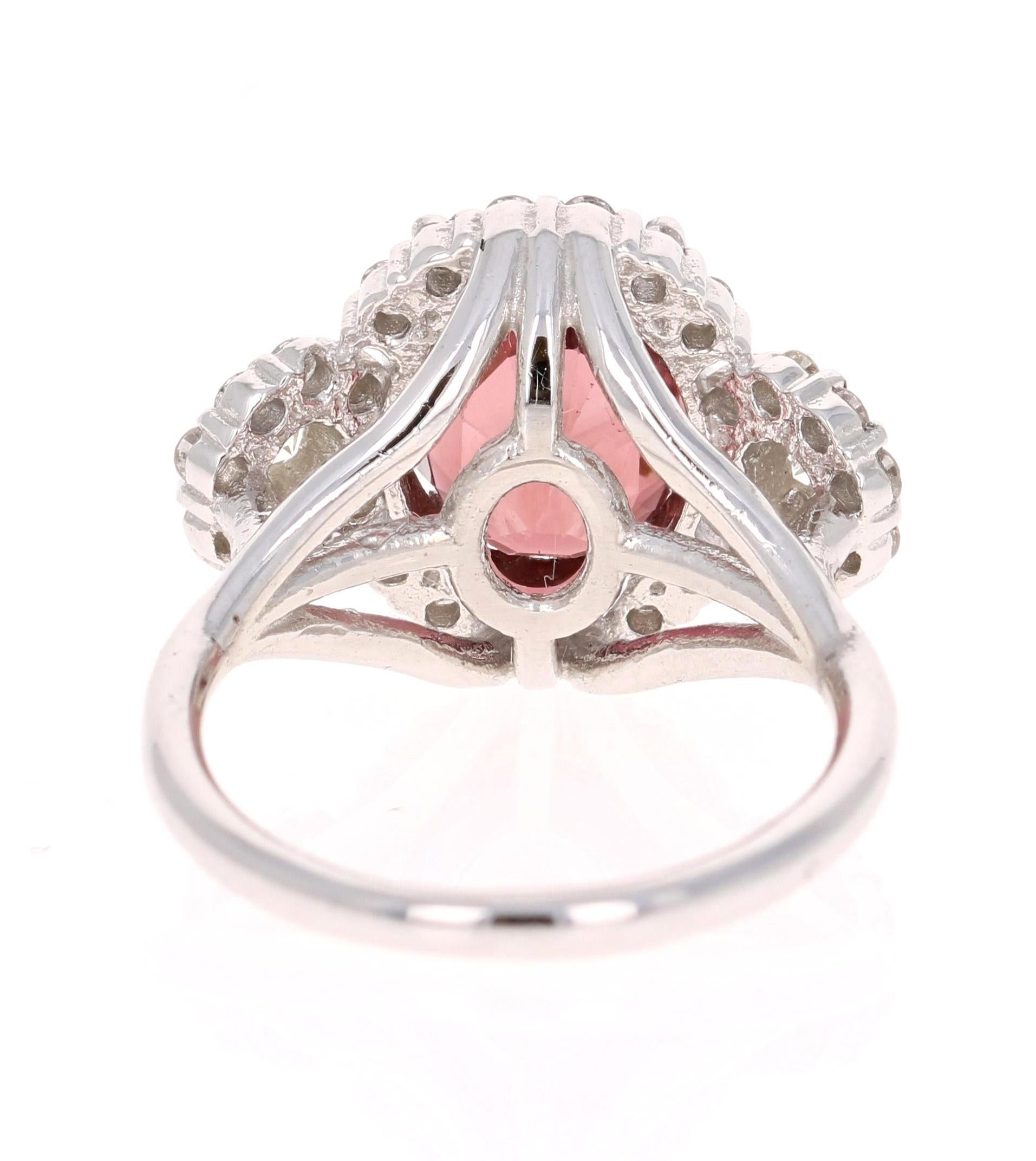 Contemporary 4.97 Carat Pink Tourmaline Diamond 14 Karat White Gold Ring For Sale