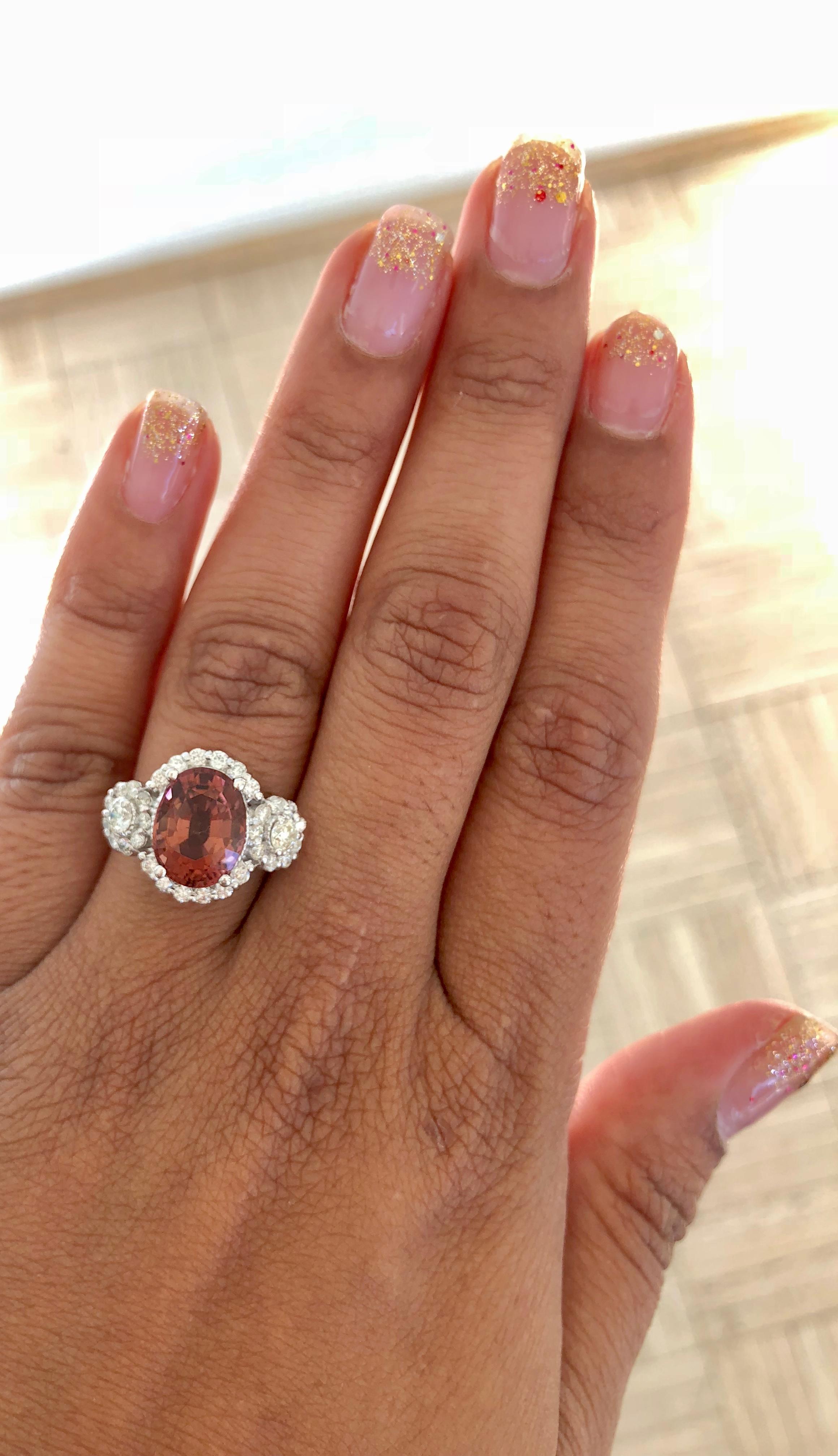Oval Cut 4.97 Carat Pink Tourmaline Diamond 14 Karat White Gold Ring For Sale