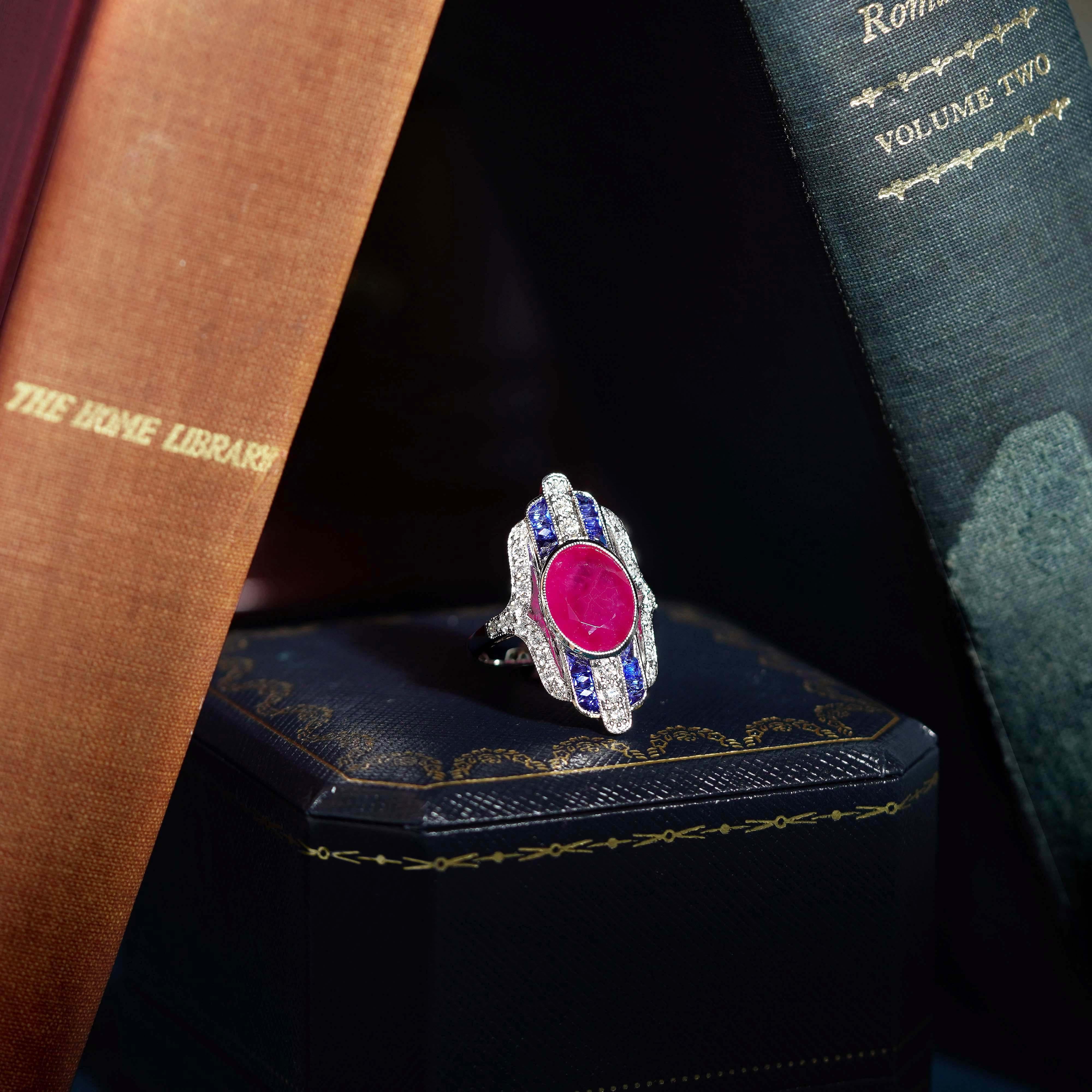Bold and elegant, this Art Deco–style dinner ring features a rich, oval-cut ruby, certified and guaranteed for quality, bezel-set at the center. It is flanked by alternating French-cut sapphires and brilliant diamonds, arranged in an intricate,