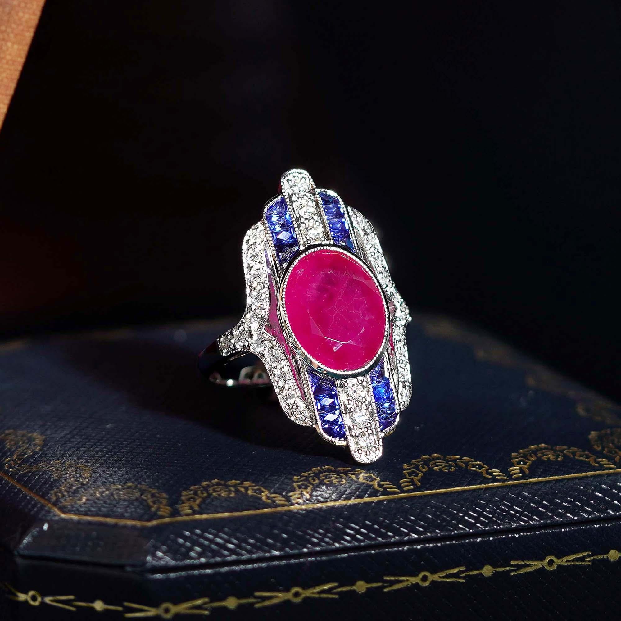 Oval Cut 4.97 Ct. Certified Ruby Sapphire Diamond Art Deco Style Dinner Ring in 18K Gold For Sale