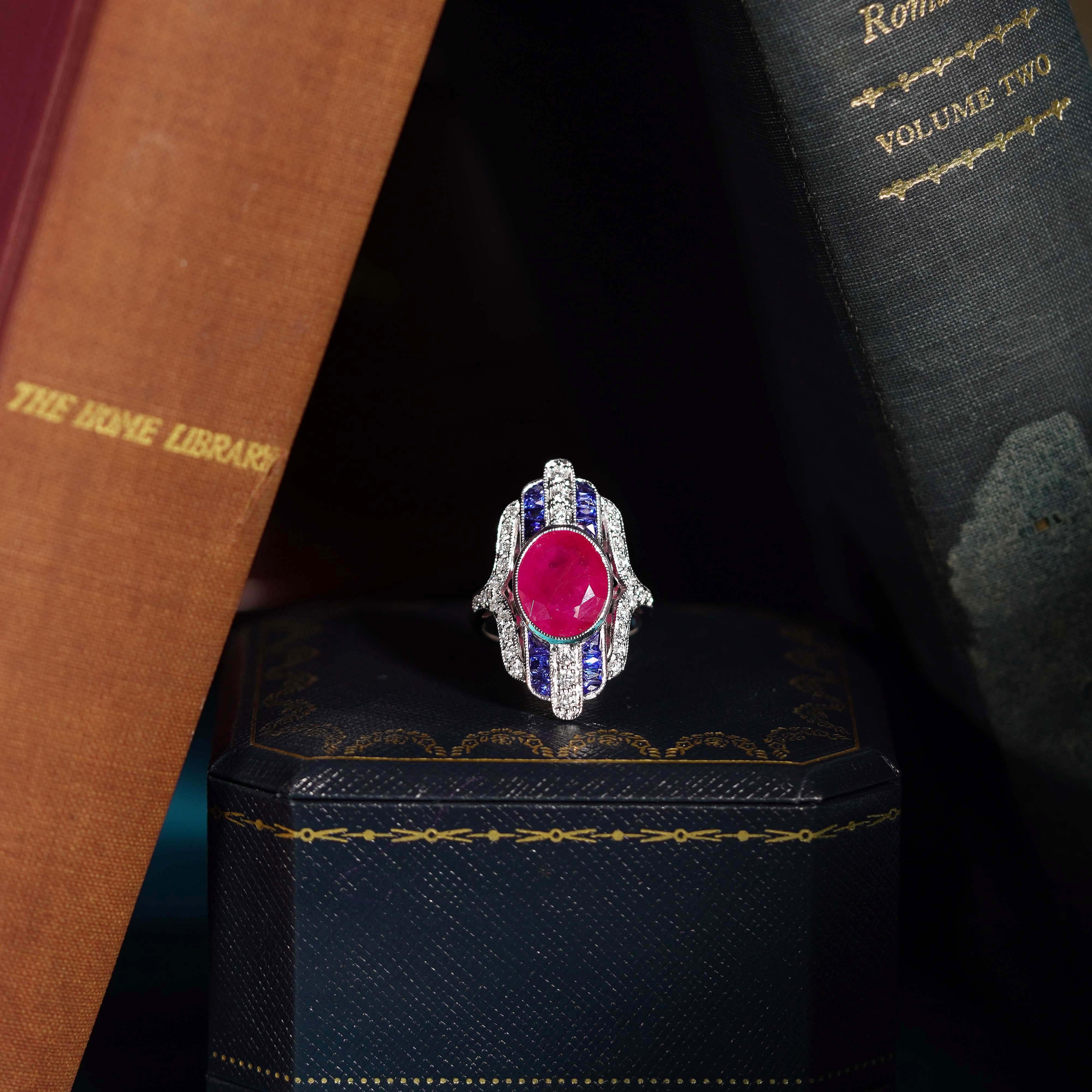 4.97 Ct. Certified Ruby Sapphire Diamond Art Deco Style Dinner Ring in 18K Gold In New Condition For Sale In Bangkok, TH