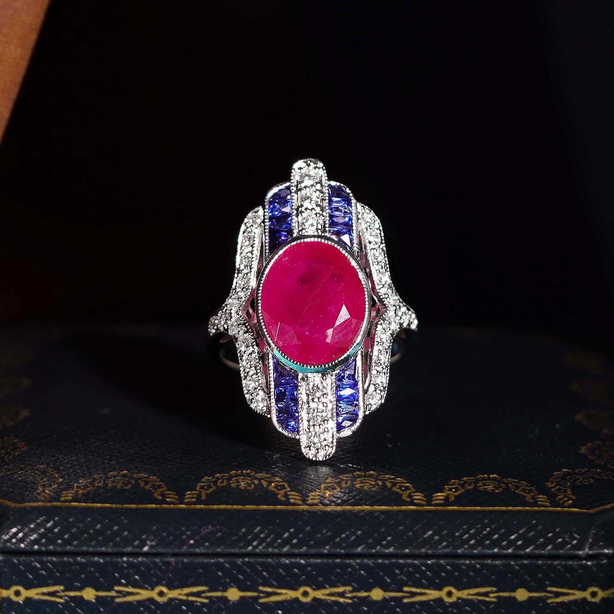 Women's 4.97 Ct. Certified Ruby Sapphire Diamond Art Deco Style Dinner Ring in 18K Gold For Sale