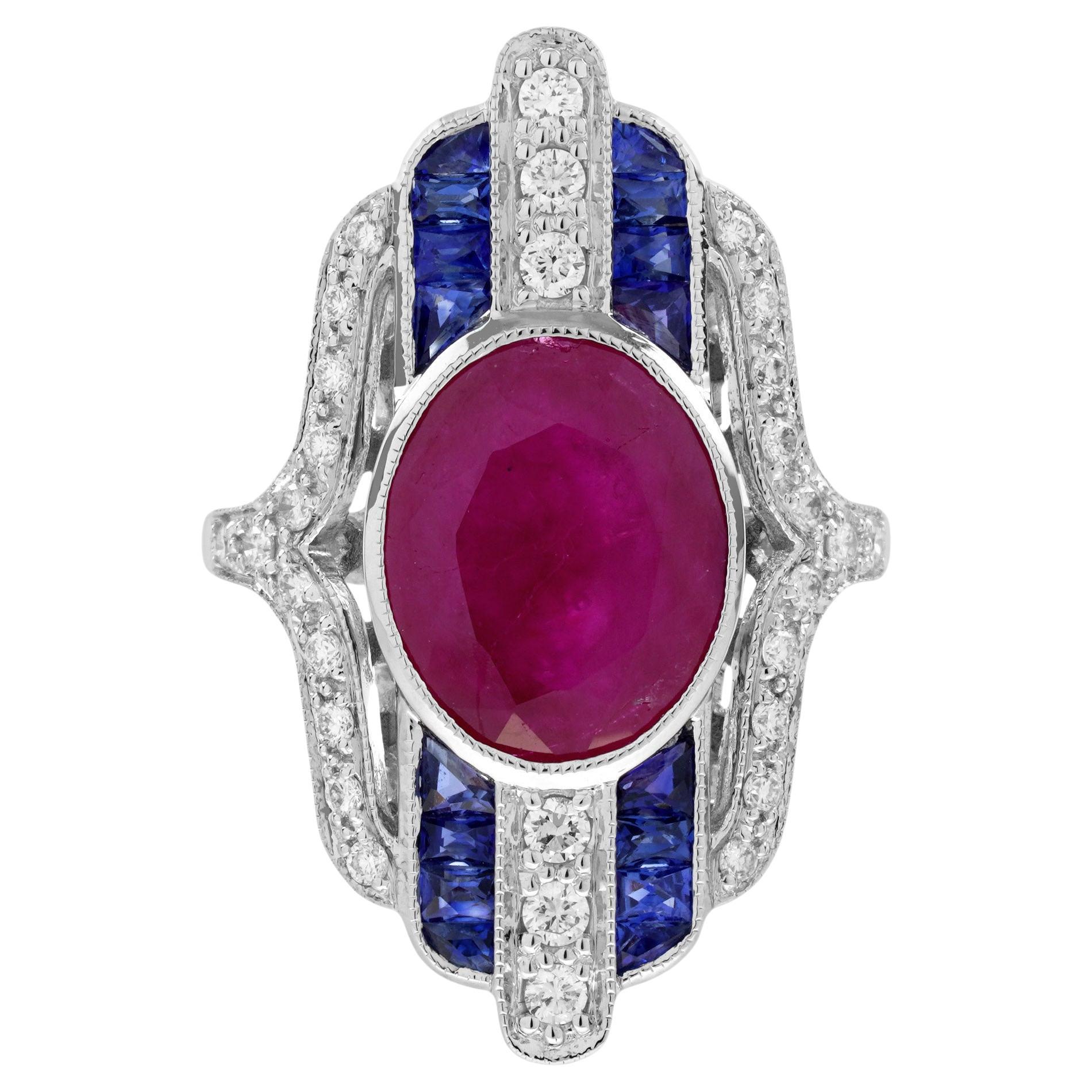 4.97 Ct. Certified Ruby Sapphire Diamond Art Deco Style Dinner Ring in 18K Gold For Sale