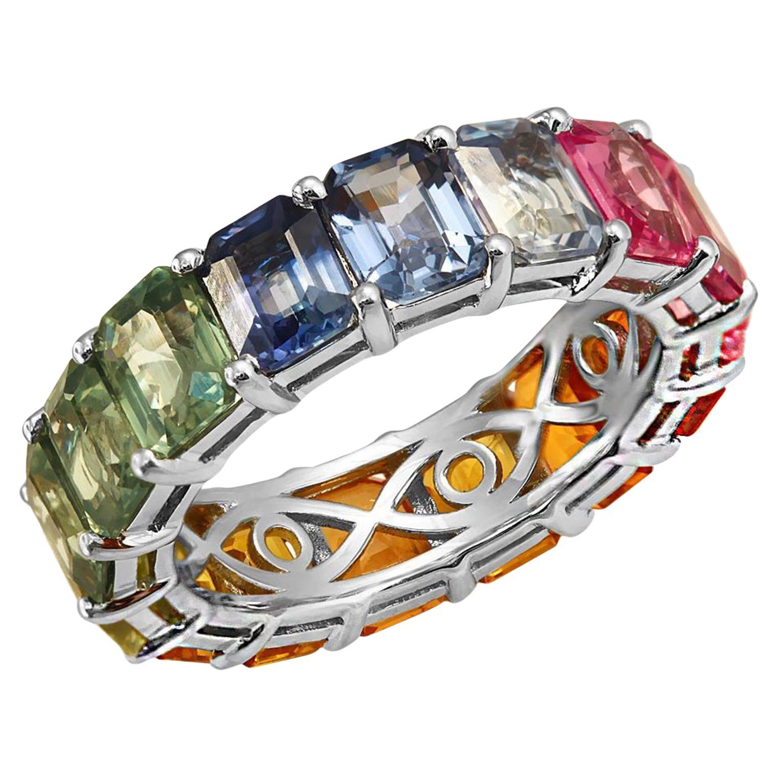 4.97 CT Multicolor Sapphire in 18K White Gold Band Ring Size 5.5 For Sale