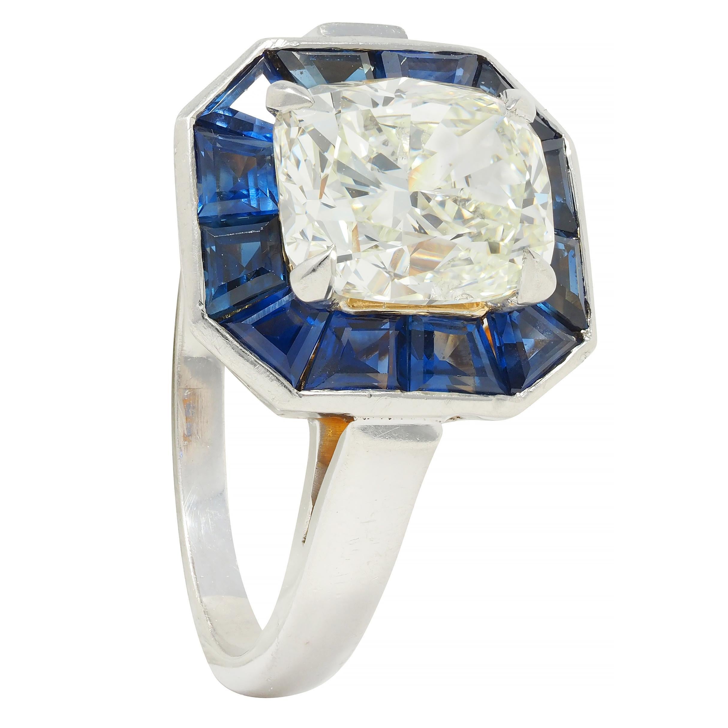 4.97 CTW Cushion Cut Diamond Sapphire Platinum Vintage Halo Ring GIA For Sale 6