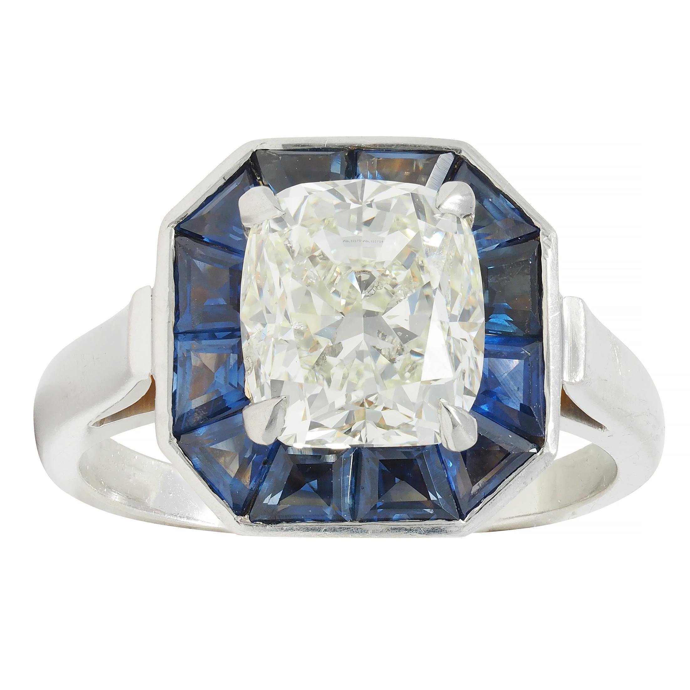 4.97 CTW Cushion Cut Diamond Sapphire Platinum Vintage Halo Ring GIA For Sale 7
