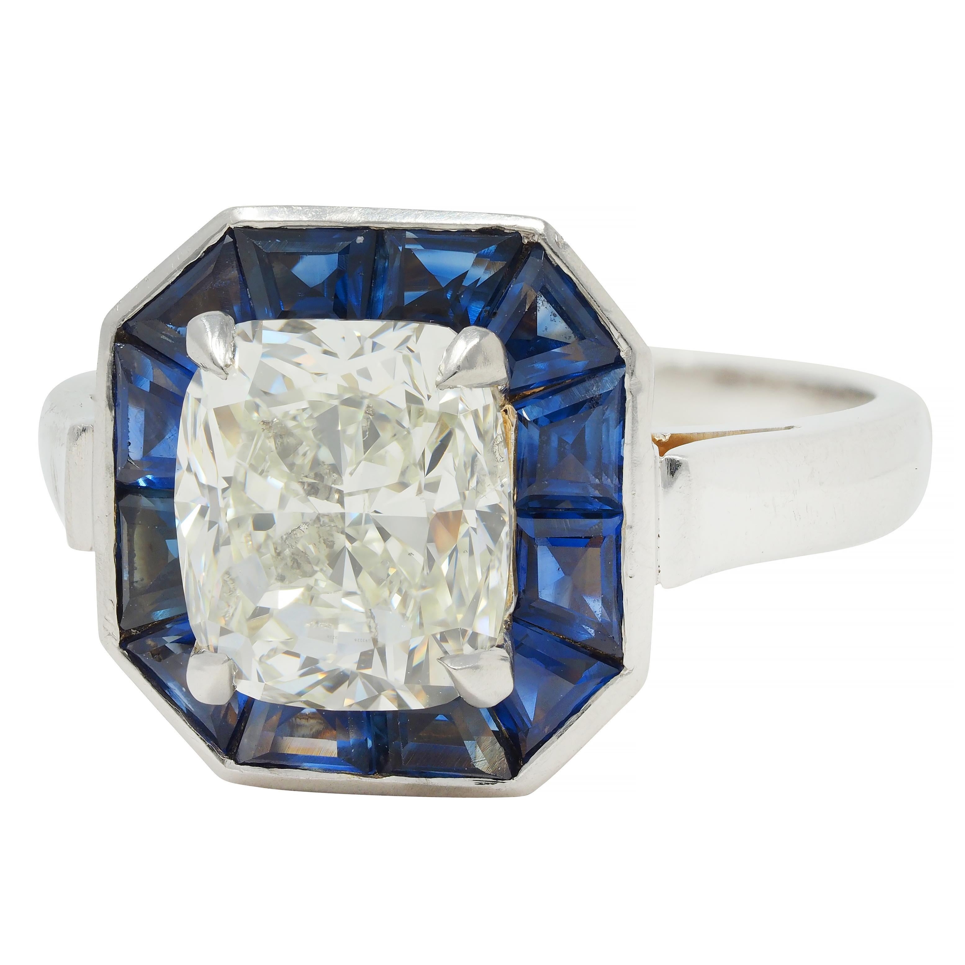 4.97 CTW Cushion Cut Diamond Sapphire Platinum Vintage Halo Ring GIA For Sale 3