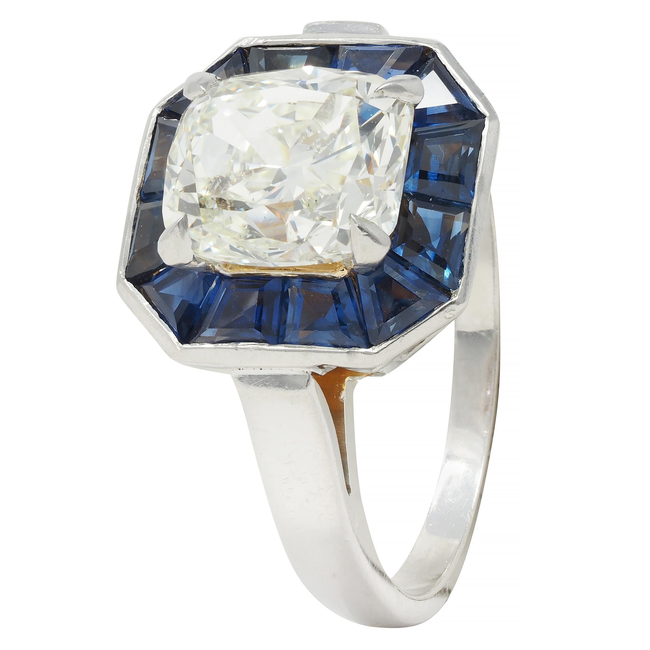4.97 CTW Cushion Cut Diamond Sapphire Platinum Vintage Halo Ring GIA For Sale 4