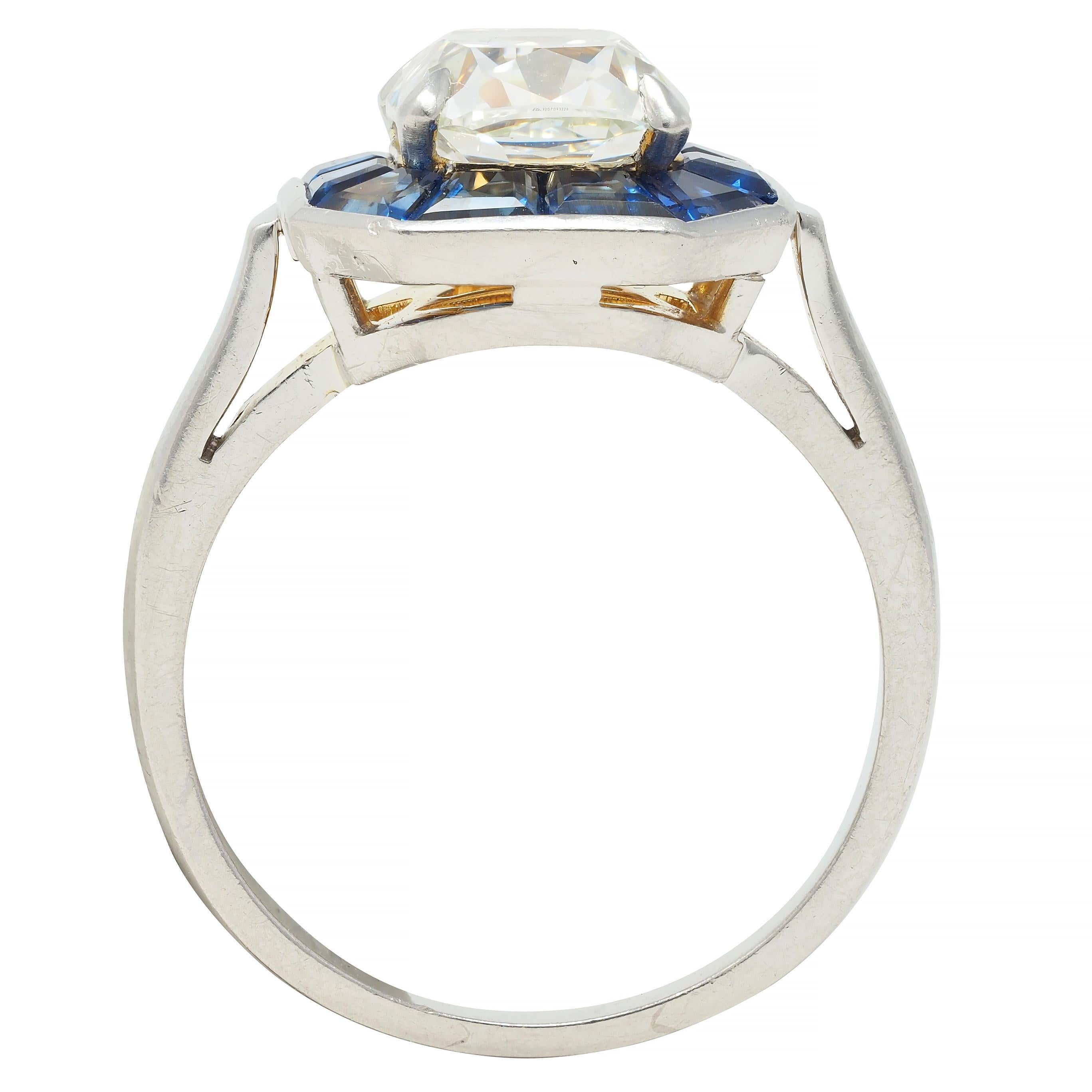 4,97 CTW Kissenschliff Diamant Saphir Platin Vintage Halo Ring GIA im Angebot 5