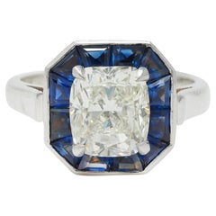 4.97 CTW Cushion Cut Diamond Sapphire Platinum Vintage Halo Ring GIA