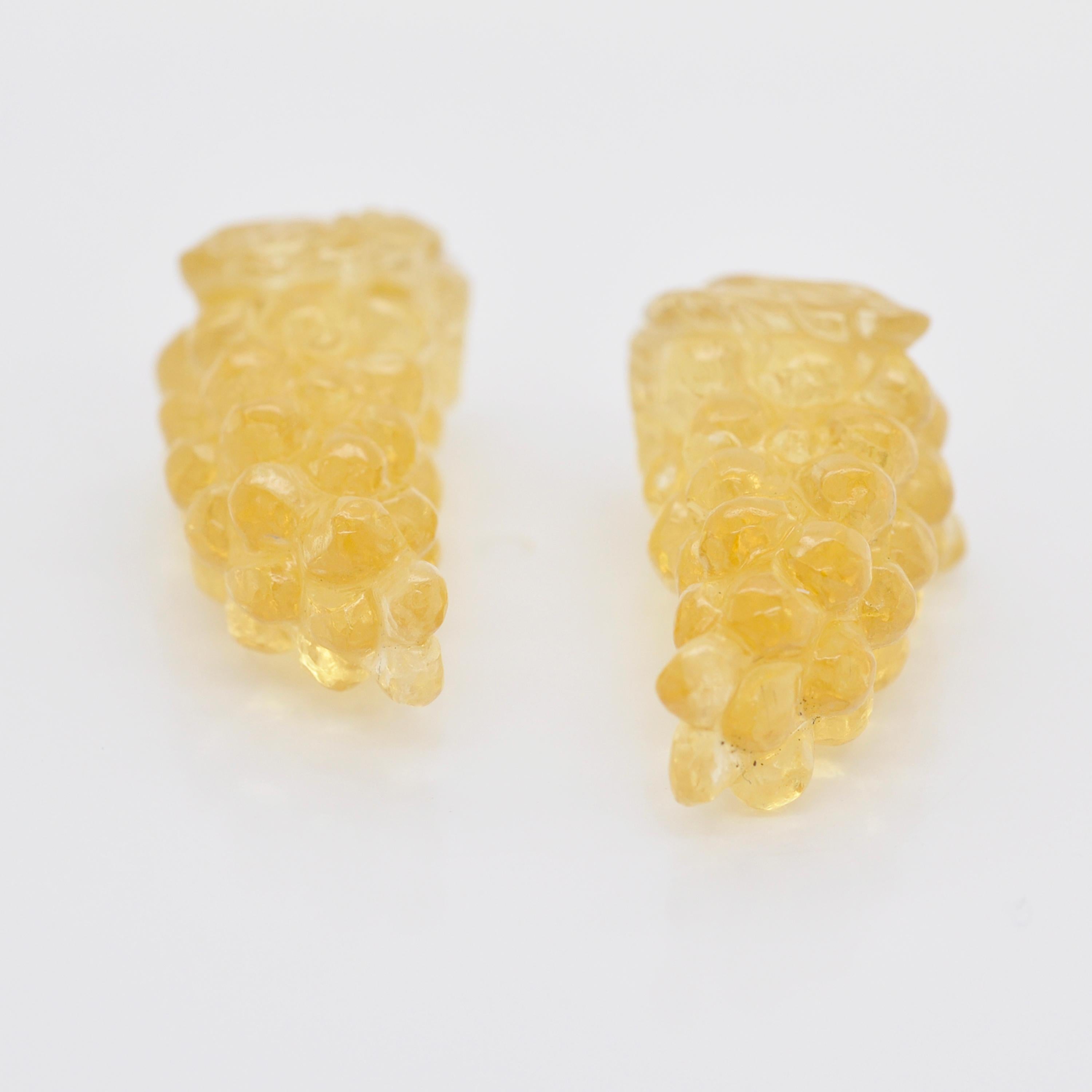Contemporary 49.70 Carat Natural Yellow Apatite Gemstone Carved Grapes Earrings For Sale