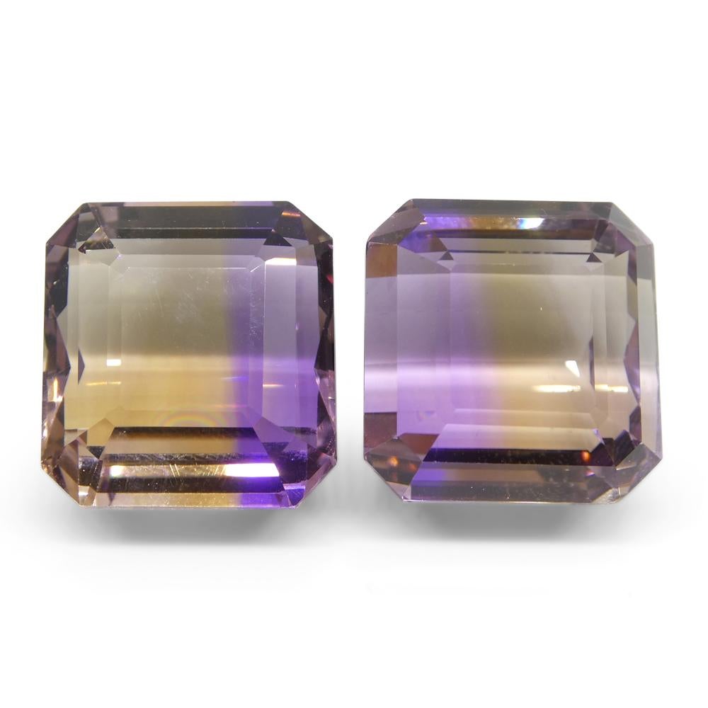 Description:

One Pair Loose Ametrine

Weight: 49.73 cts
Measurements: 16.01x15.49x12.53 mm and 16.57x15.43x11.10 mm
Shape: Emerald Cut
Cutting Style: Emerald Step Cut
Cutting Style Crown: Step Cut
Cutting Style Pavilion: Step Cut
Transparency: