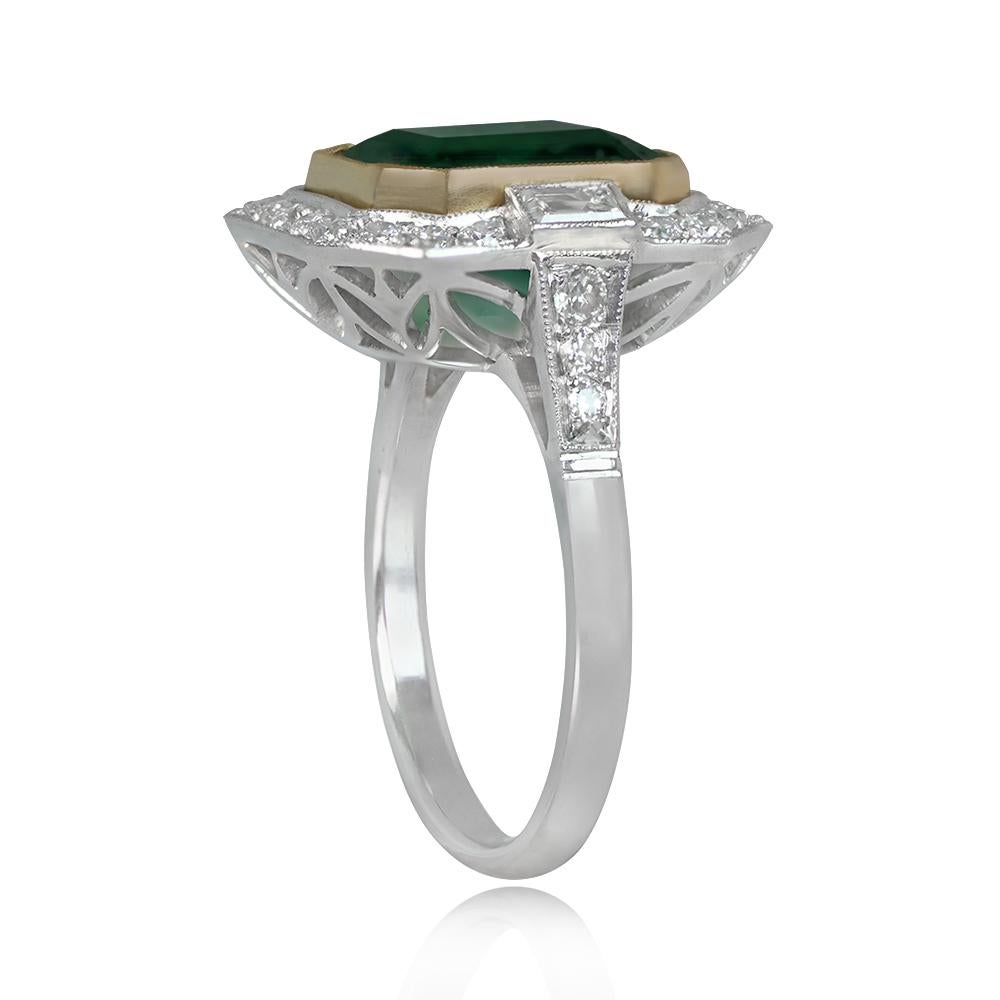 Art Deco 4.97ct Emerald Cut Natural Emerald Engagement Ring, Diamond Halo, Platinum For Sale