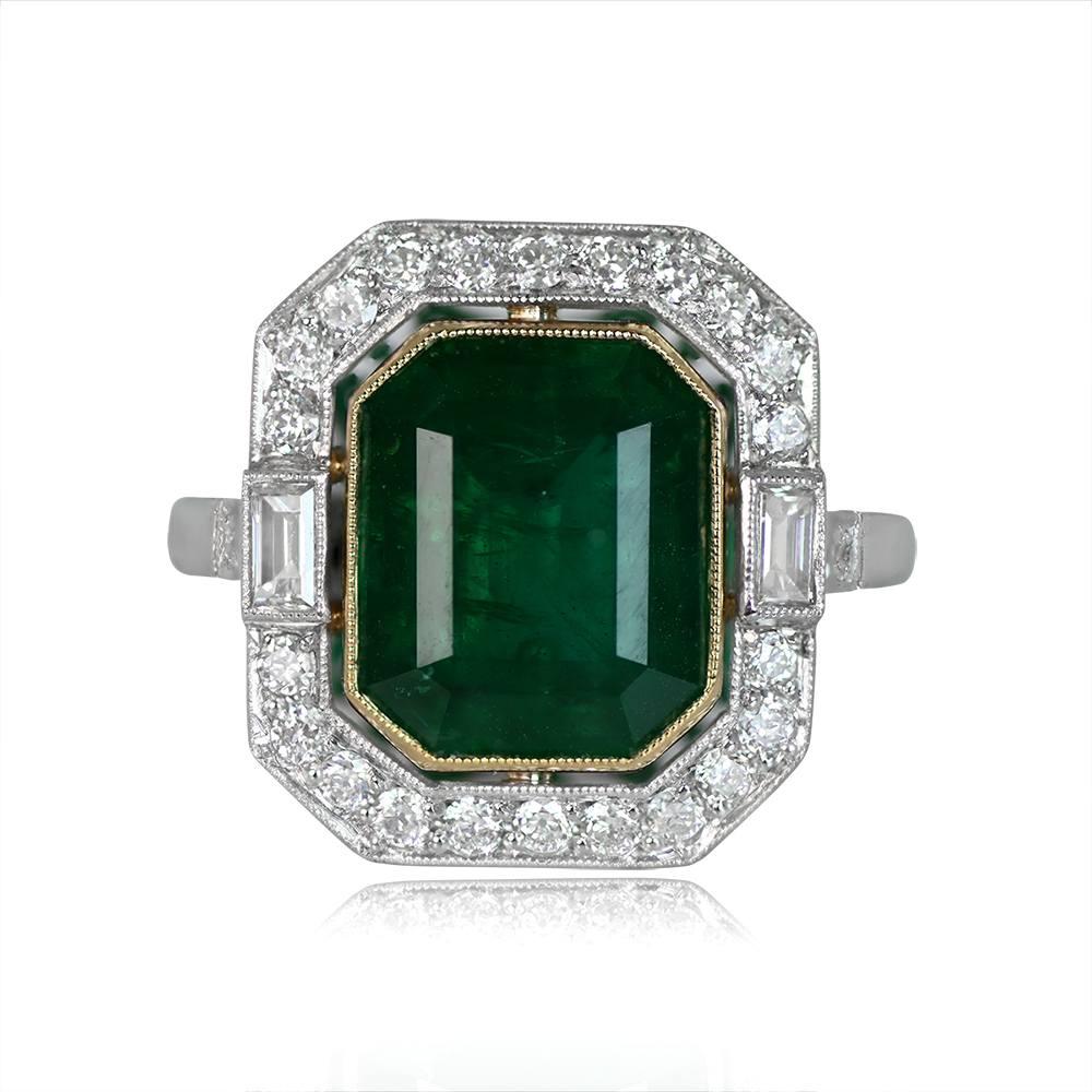 4.97ct Emerald Cut Natural Emerald Engagement Ring, Diamond Halo, Platinum In Excellent Condition For Sale In New York, NY