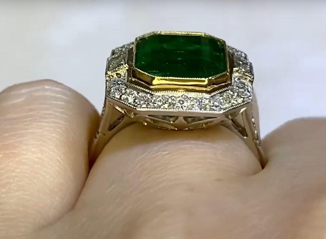 Women's 4.97ct Emerald Cut Natural Emerald Engagement Ring, Diamond Halo, Platinum For Sale