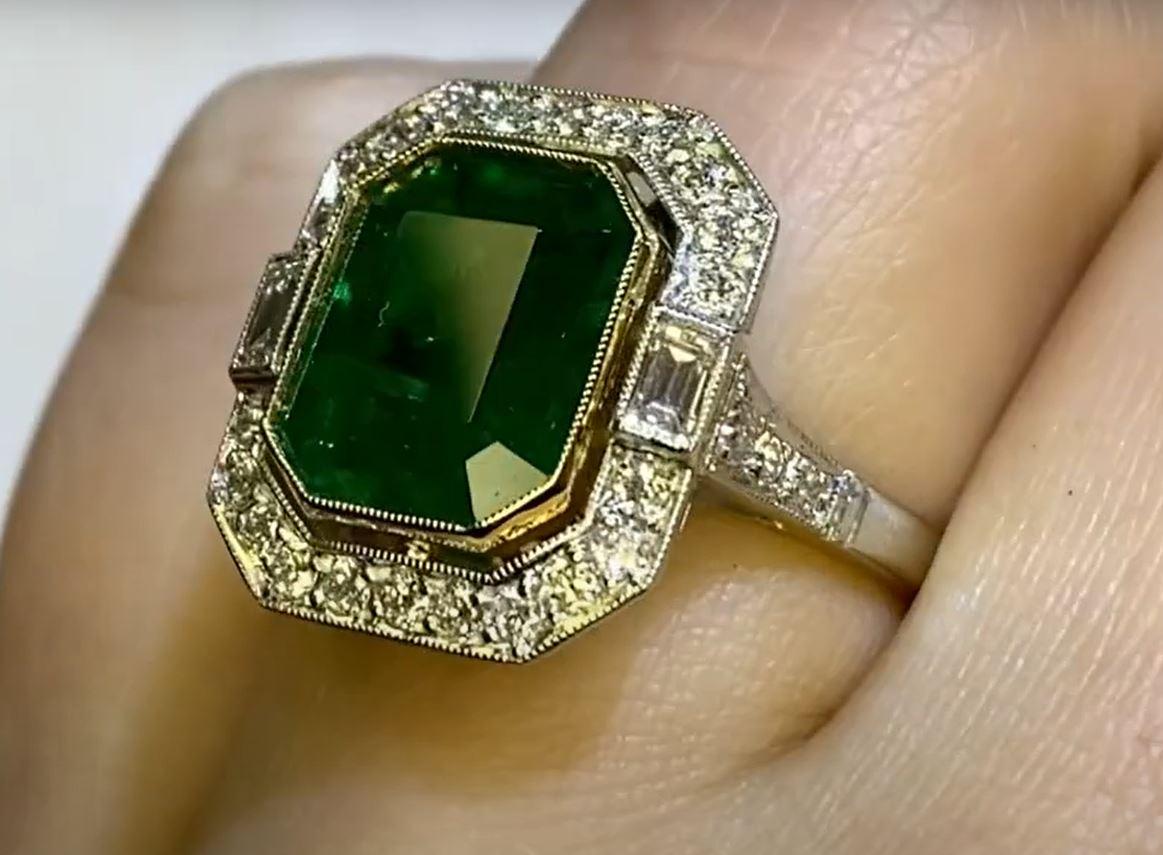 4.97ct Emerald Cut Natural Emerald Engagement Ring, Diamond Halo, Platinum For Sale 1