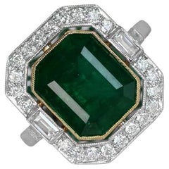 4.97ct Emerald Cut Natural Emerald Engagement Ring, Diamond Halo, Platinum